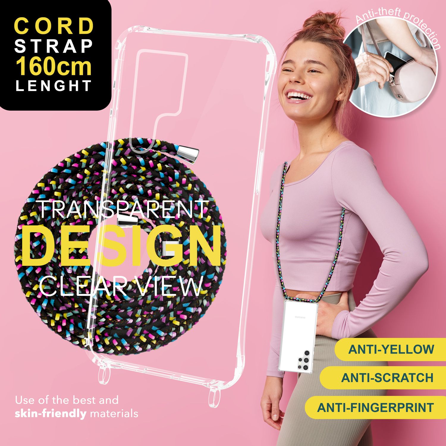 NALIA Klare Schutzhülle mit Kette für Samsung Galaxy S24 Ultra Hülle, Transparente Stabile Handyhülle mit Umhänge-Band Schwarz Bunt NALIA Transparente Hülle