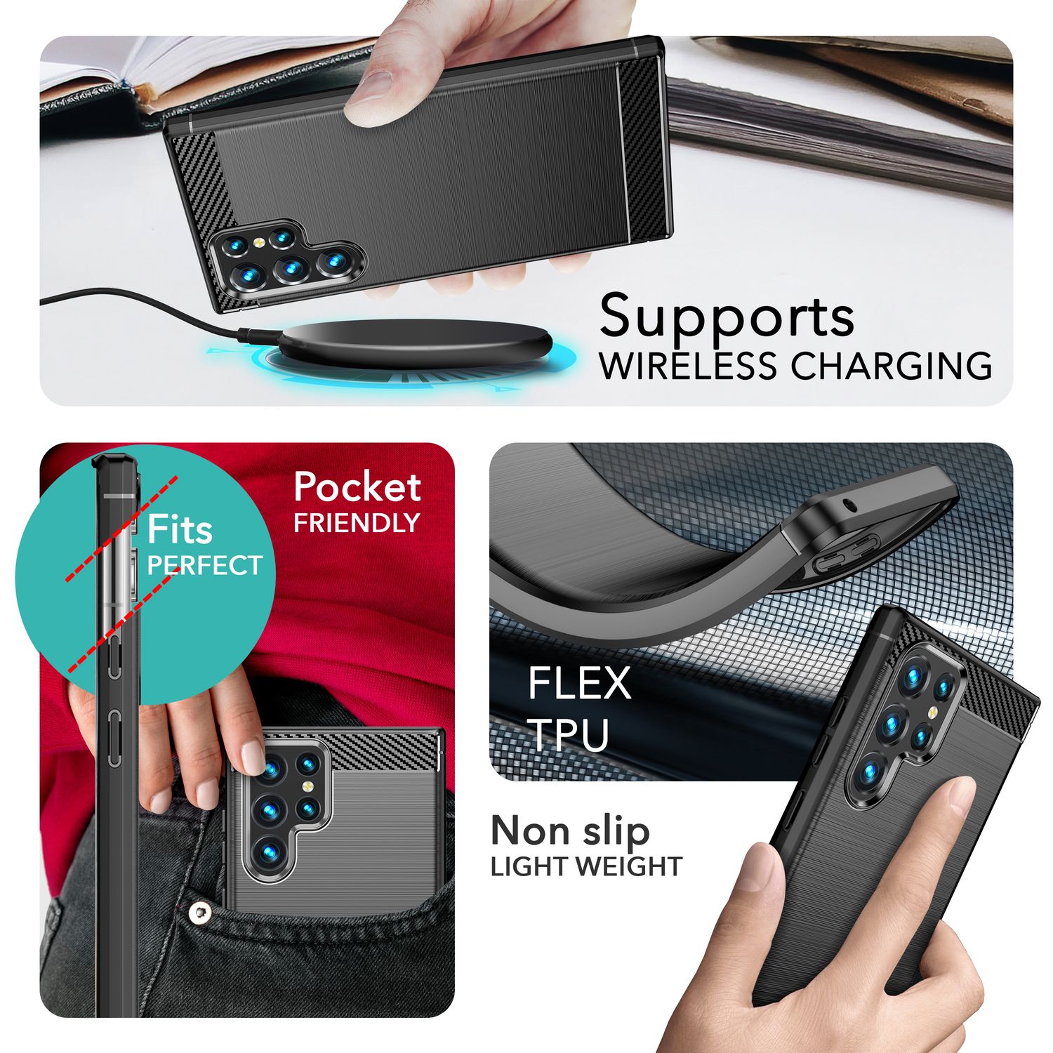 NALIA Carbon-Style Silikonhülle für Samsung Galaxy S24 Ultra Hülle, Matt-Schwarze Schutzhülle mit Kohlefaser-Struktur Default Title NALIA Protective Hülle