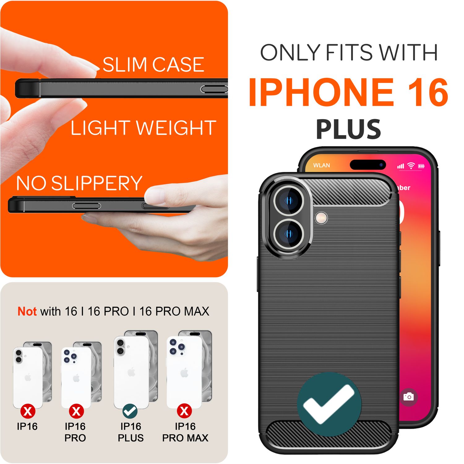 NALIA Carbon Style Hülle für iPhone 16 Plus, Matt-Schwarze Silikon Handyhülle in Kohlefaser-Optik, Slim Business Cover Default Title NALIA Protective Hülle