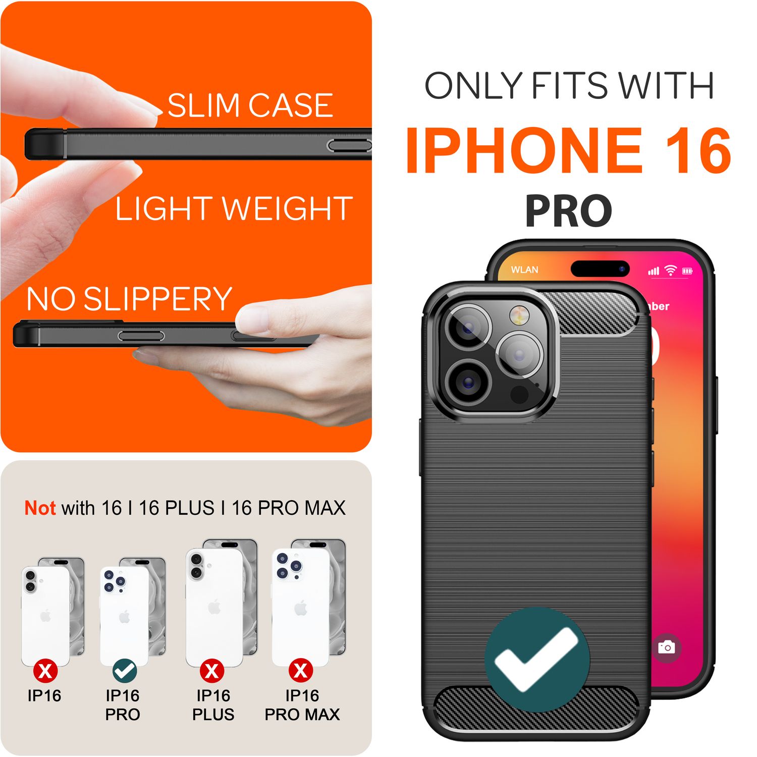 NALIA Carbon Style Hülle für iPhone 16 Pro, Matt-Schwarze Silikon Handyhülle in Kohlefaser-Optik, Slim Business Cover Default Title NALIA Protective Hülle