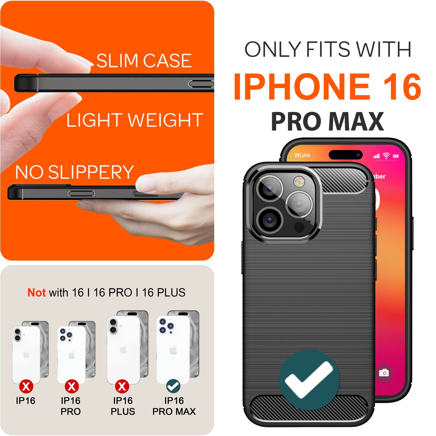 NALIA Carbon Style Hülle für iPhone 16 Pro Max, Matt-Schwarze Silikon Handyhülle in Kohlefaser-Optik, Business Cover