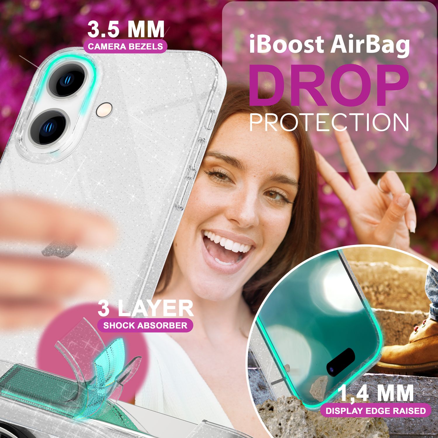 NALIA Durchsichtige Glitzerhülle für iPhone 16, Klare Handyhülle mit Glitter, Glitzer Silikon Schutz Hülle Transparent NALIA Transparente Hülle