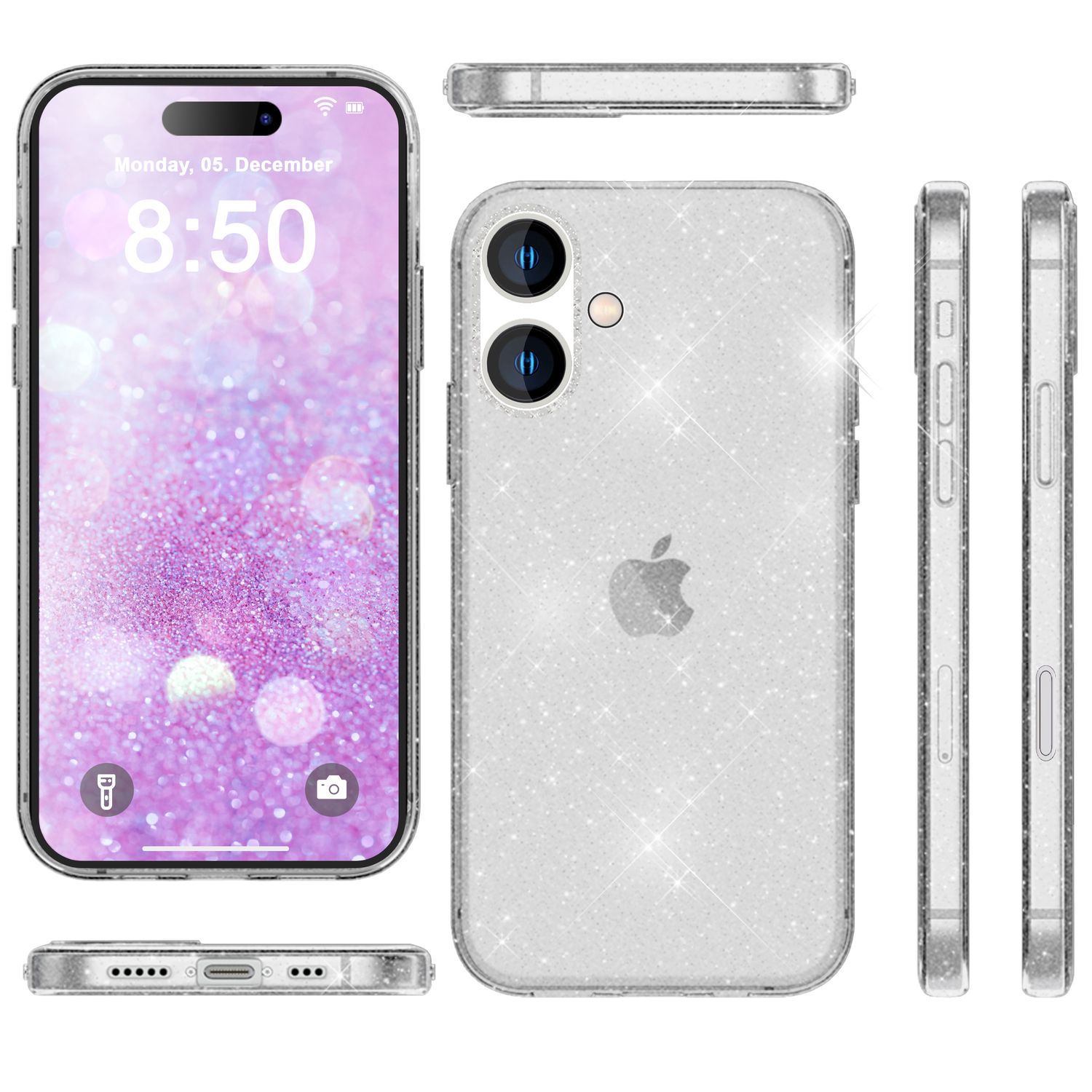 NALIA Durchsichtige Glitzerhülle für iPhone 16, Klare Handyhülle mit Glitter, Glitzer Silikon Schutz Hülle Transparent NALIA Transparente Hülle