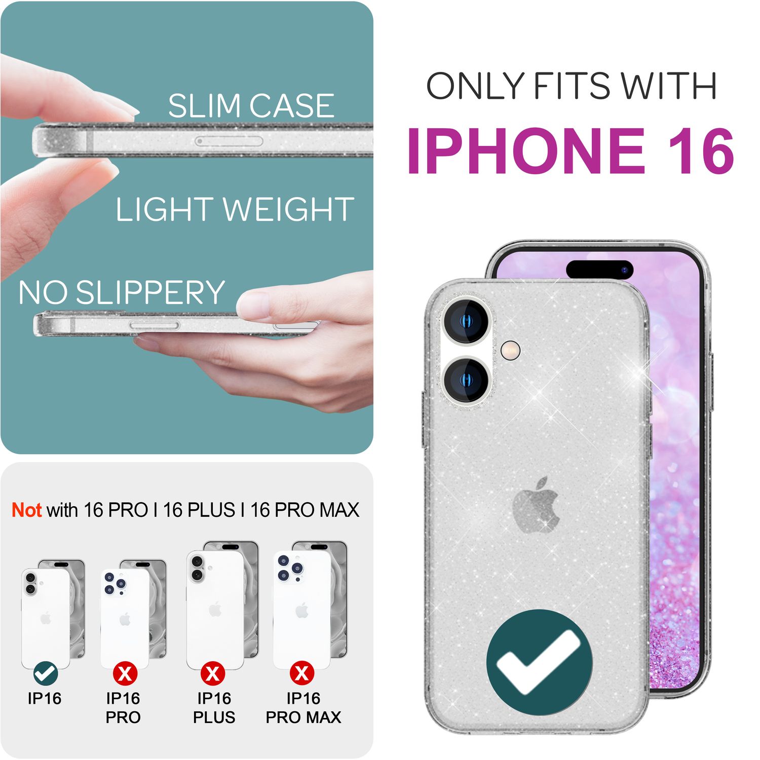 NALIA Durchsichtige Glitzerhülle für iPhone 16, Klare Handyhülle mit Glitter, Glitzer Silikon Schutz Hülle Transparent NALIA Transparente Hülle