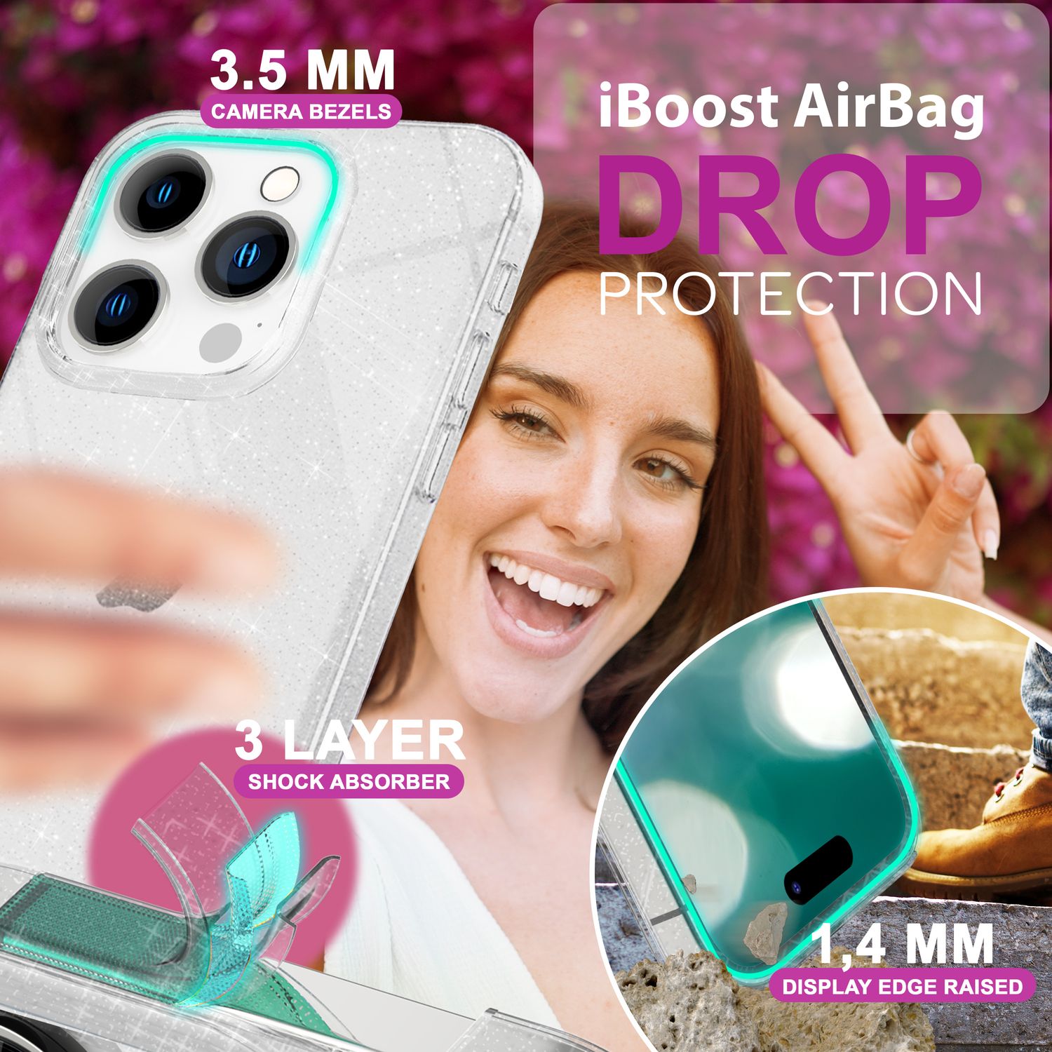 NALIA Durchsichtige Glitzerhülle für iPhone 16 Pro, Klare Handyhülle mit Glitter, Glitzer Schutz Hülle Cover Transparent NALIA Transparente Hülle