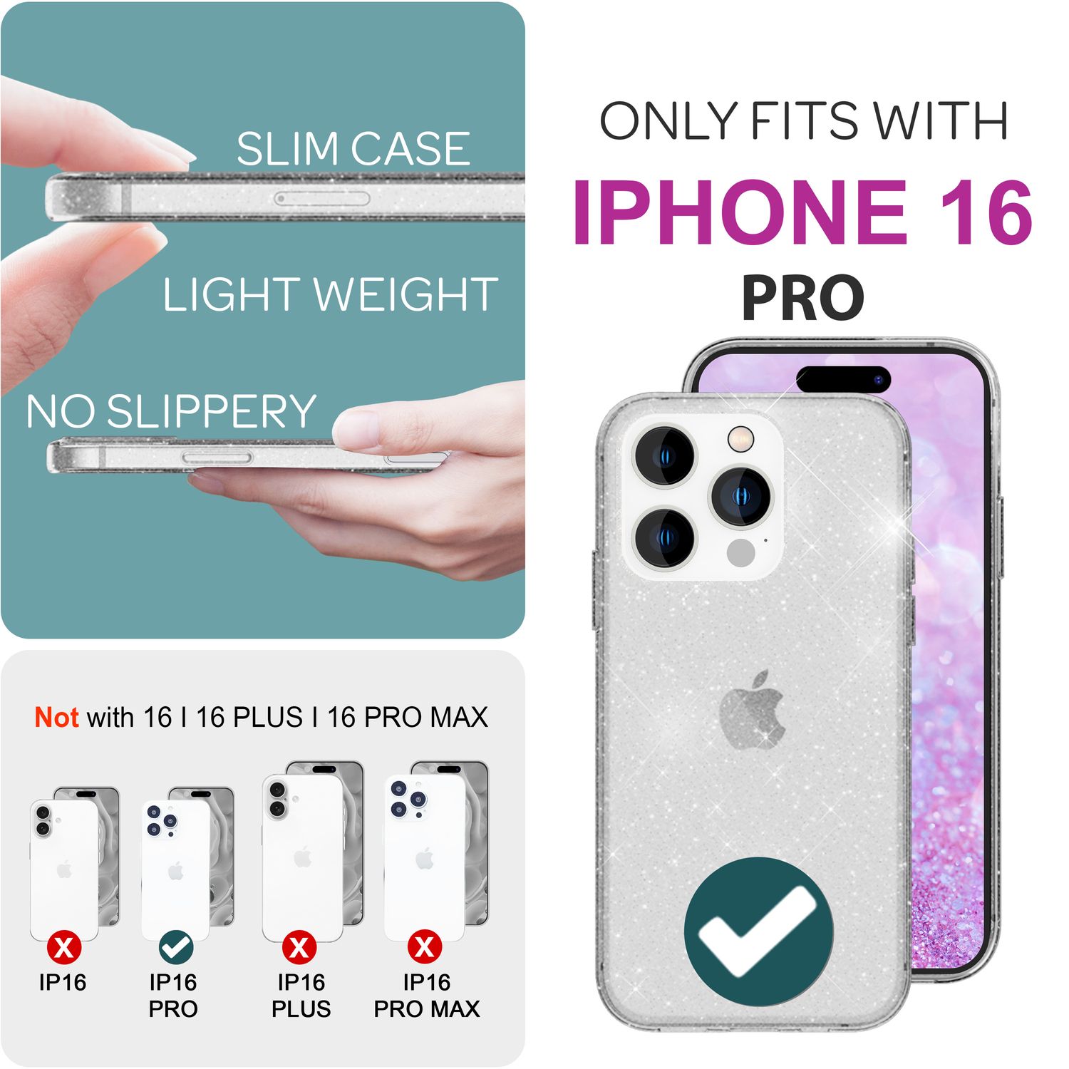 NALIA Durchsichtige Glitzerhülle für iPhone 16 Pro, Klare Handyhülle mit Glitter, Glitzer Schutz Hülle Cover Transparent NALIA Transparente Hülle