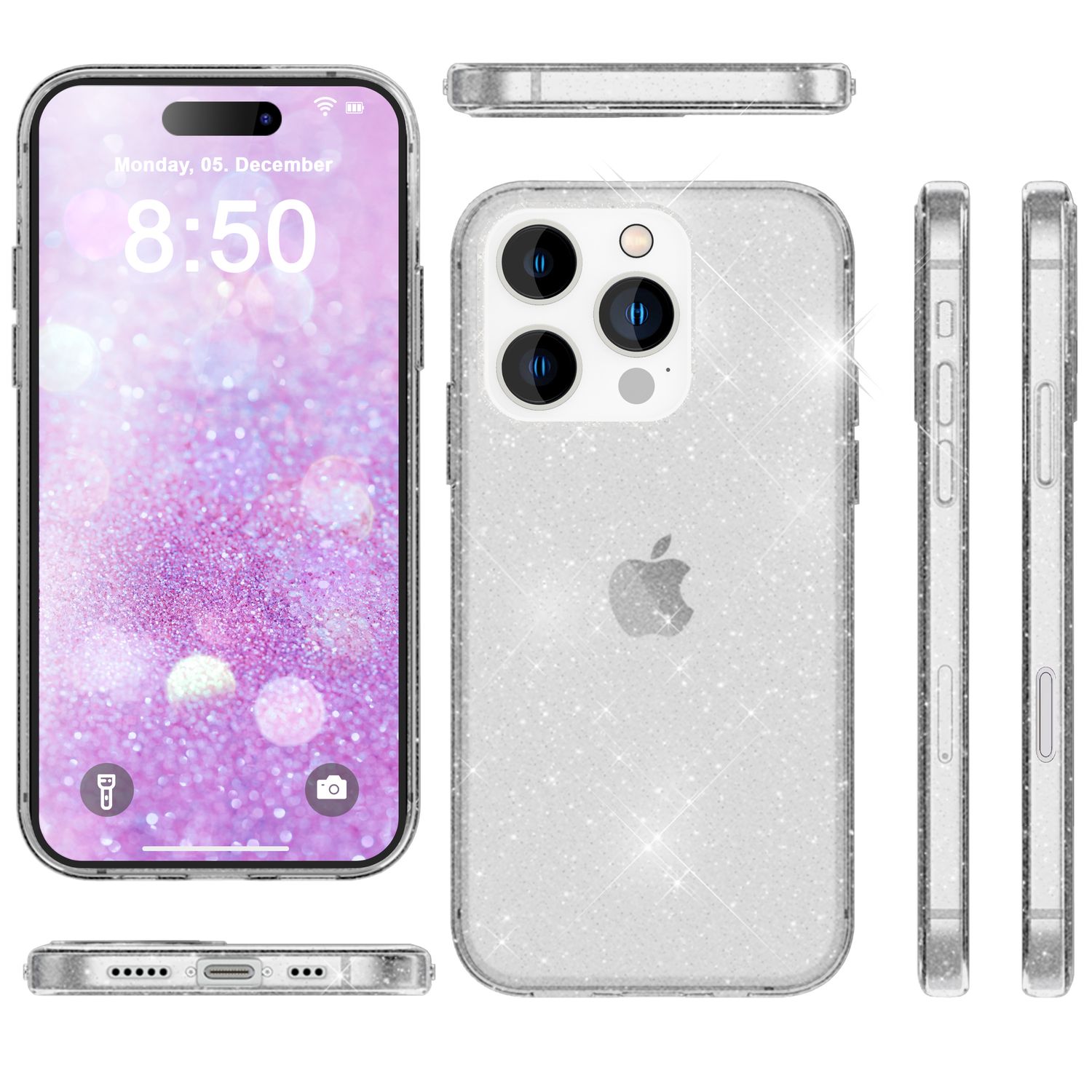 NALIA Durchsichtige Glitzerhülle für iPhone 16 Pro Max, Klare Handyhülle mit Glitter, Glitzer Schutz Hülle Transparent NALIA Transparente Hülle