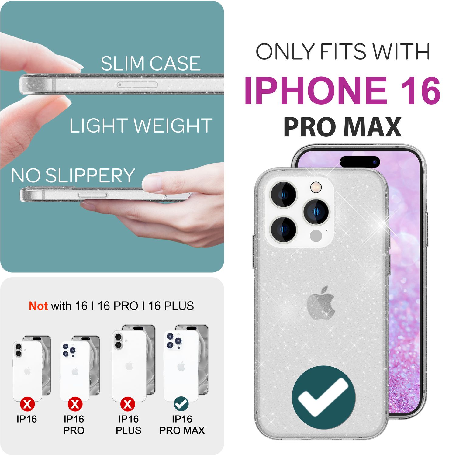 NALIA Durchsichtige Glitzerhülle für iPhone 16 Pro Max, Klare Handyhülle mit Glitter, Glitzer Schutz Hülle Transparent NALIA Transparente Hülle