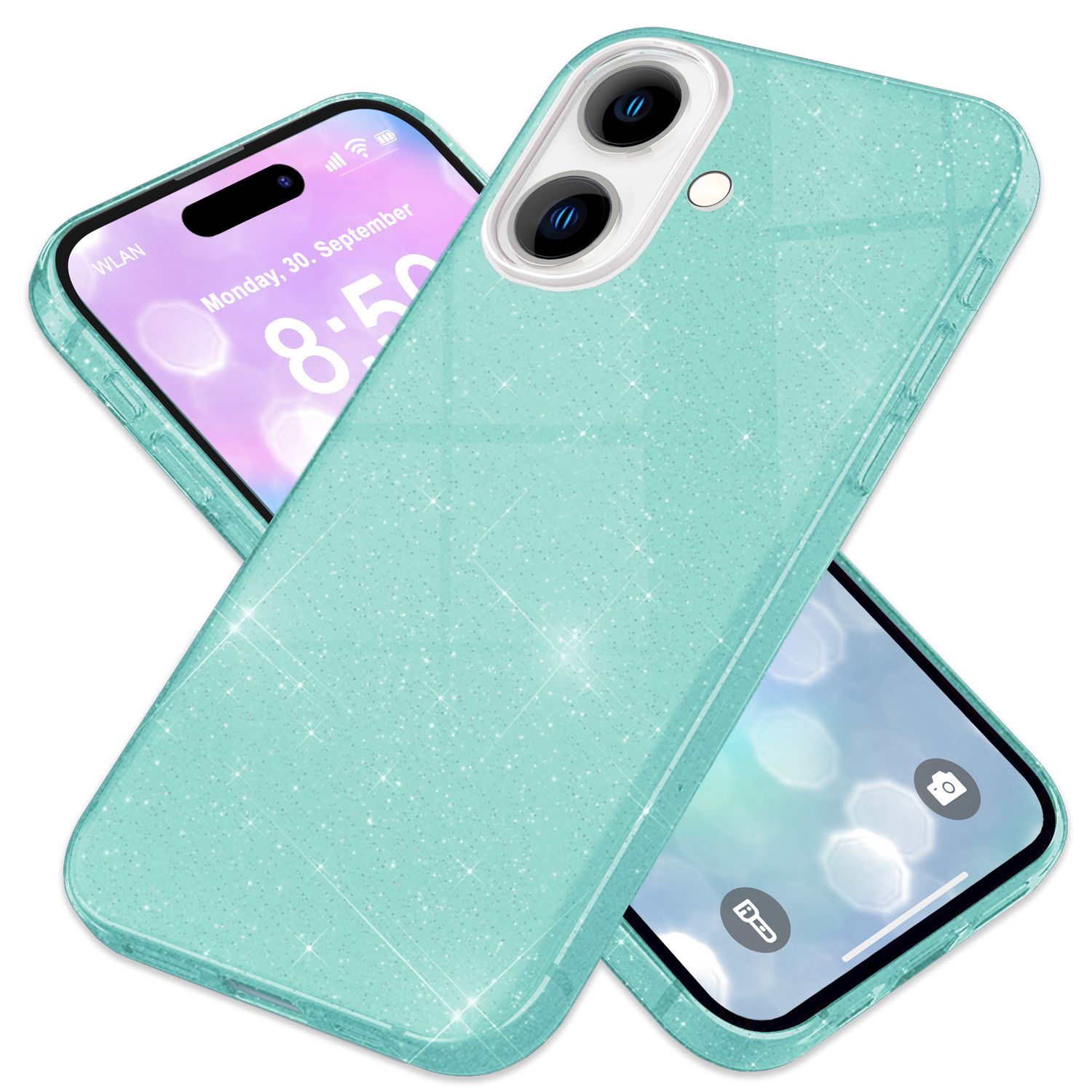 NALIA Glitzer Hybrid Hülle für iPhone 16, Verstärkte Silikon Handyhülle, Glänzende Glitzerhülle Schutz Cover Mint-Grün NALIA Protective Hülle