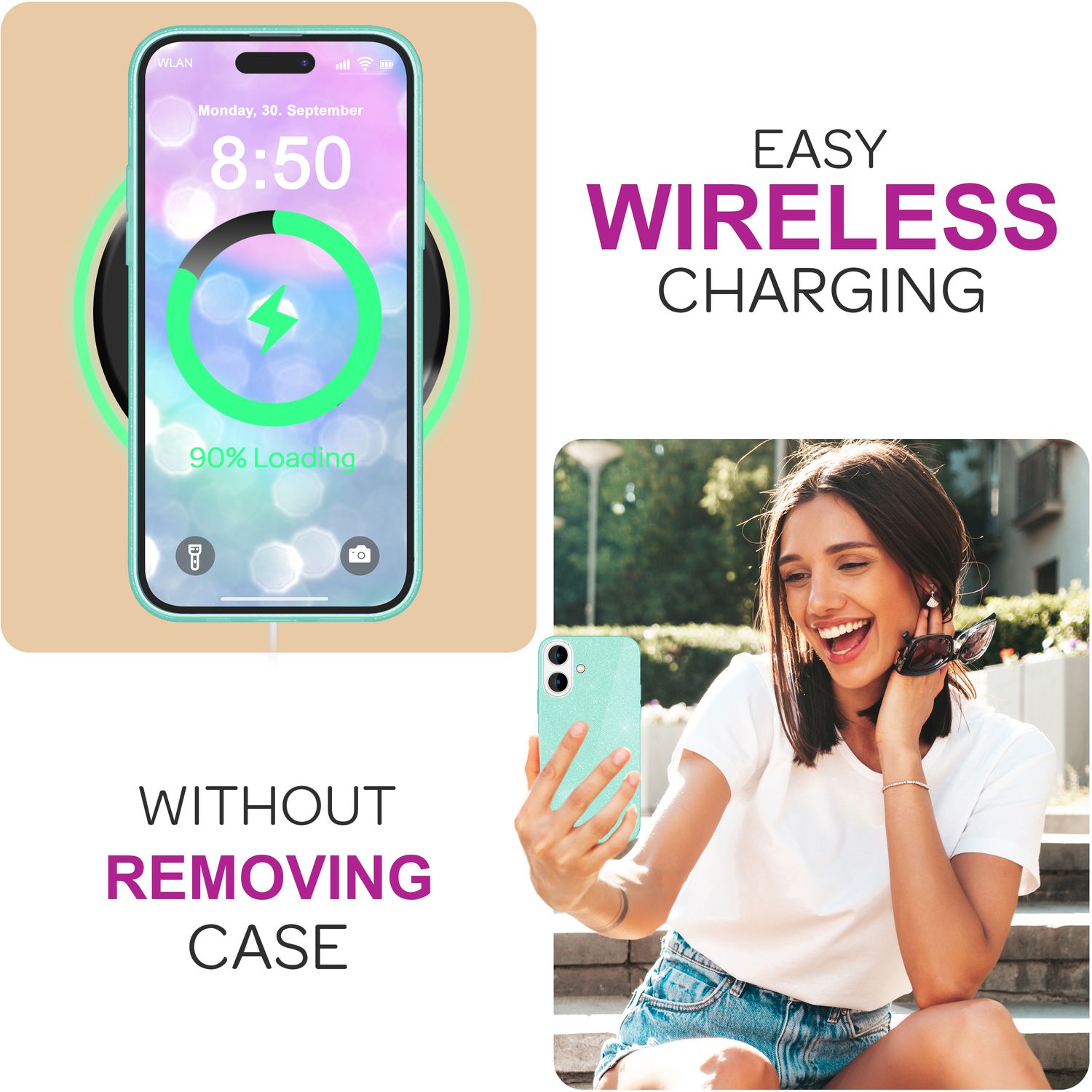 NALIA Glitzer Hybrid Hülle für iPhone 16, Verstärkte Silikon Handyhülle, Glänzende Glitzerhülle Schutz Cover Mint-Grün NALIA Protective Hülle