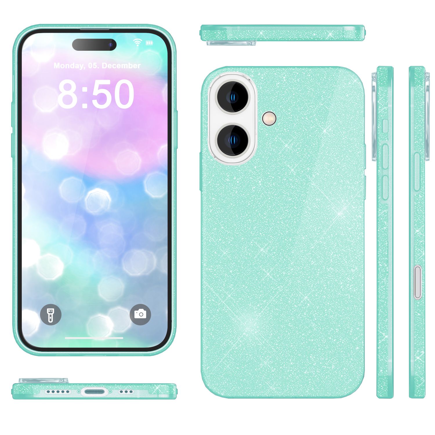 NALIA Glitzer Hybrid Hülle für iPhone 16, Verstärkte Silikon Handyhülle, Glänzende Glitzerhülle Schutz Cover Mint-Grün NALIA Protective Hülle