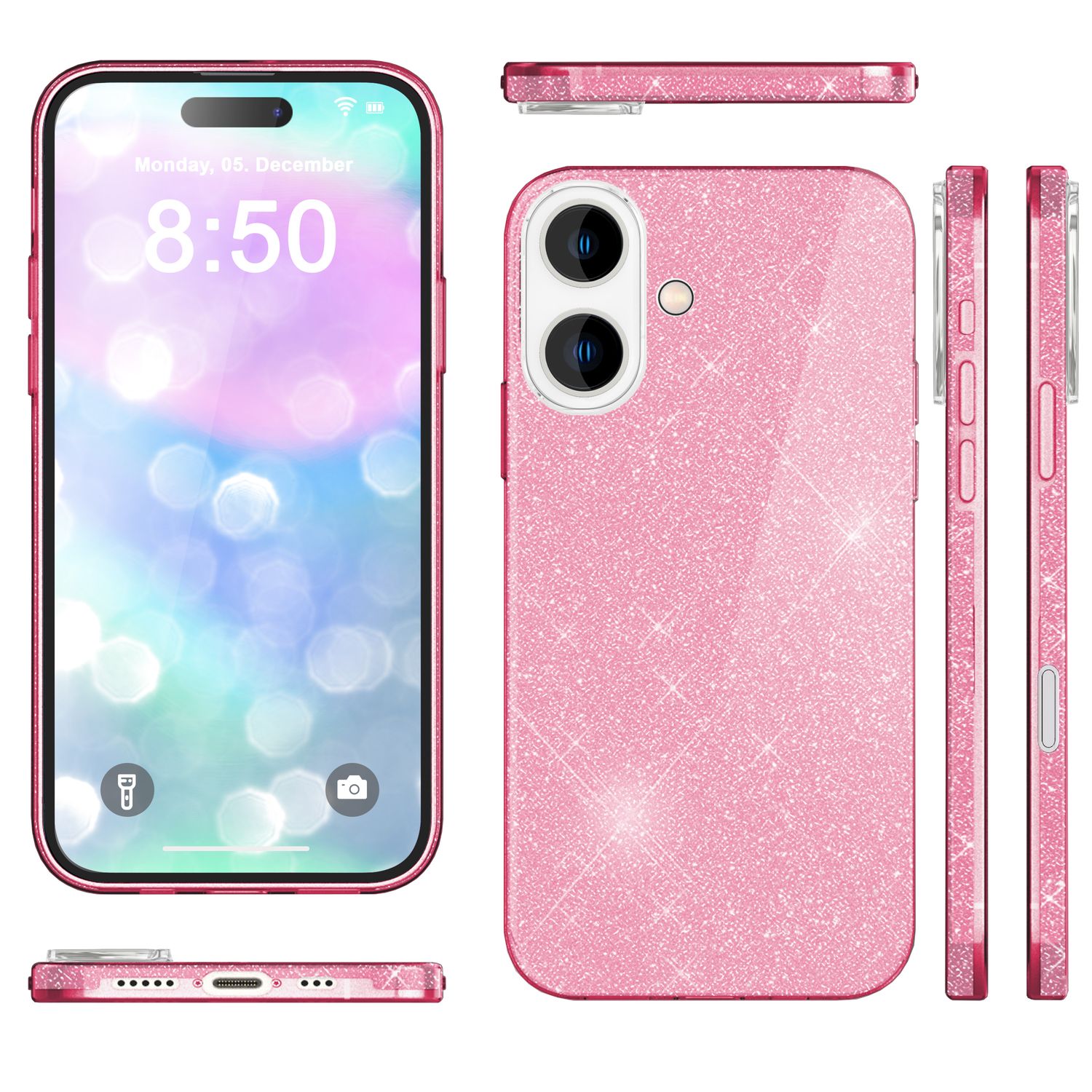 NALIA Glitzer Hybrid Hülle für iPhone 16, Verstärkte Silikon Handyhülle, Glänzende Glitzerhülle Schutz Cover Pink NALIA Protective Hülle