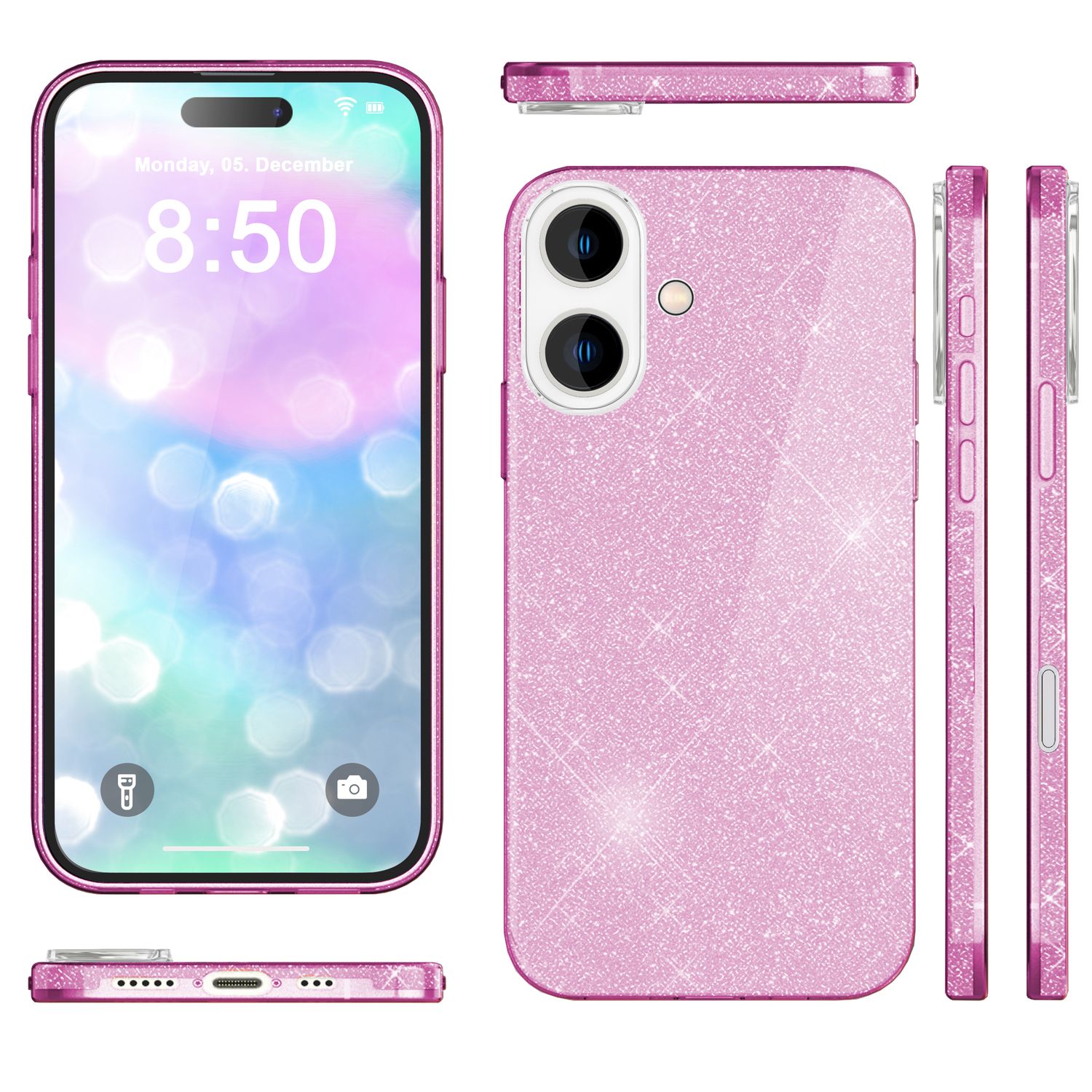 NALIA Glitzer Hybrid Hülle für iPhone 16, Verstärkte Silikon Handyhülle, Glänzende Glitzerhülle Schutz Cover Lila NALIA Protective Hülle