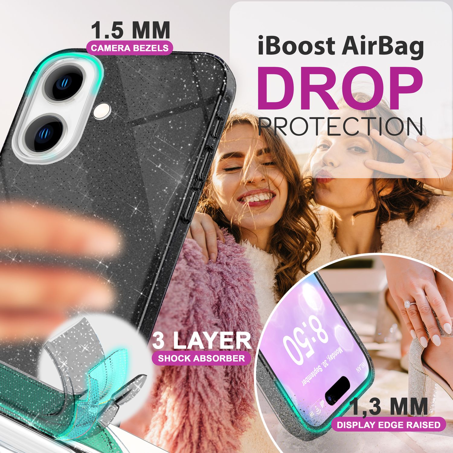 NALIA Glitzer Hybrid Hülle für iPhone 16, Verstärkte Silikon Handyhülle, Glänzende Glitzerhülle Schutz Cover Schwarz NALIA Protective Hülle