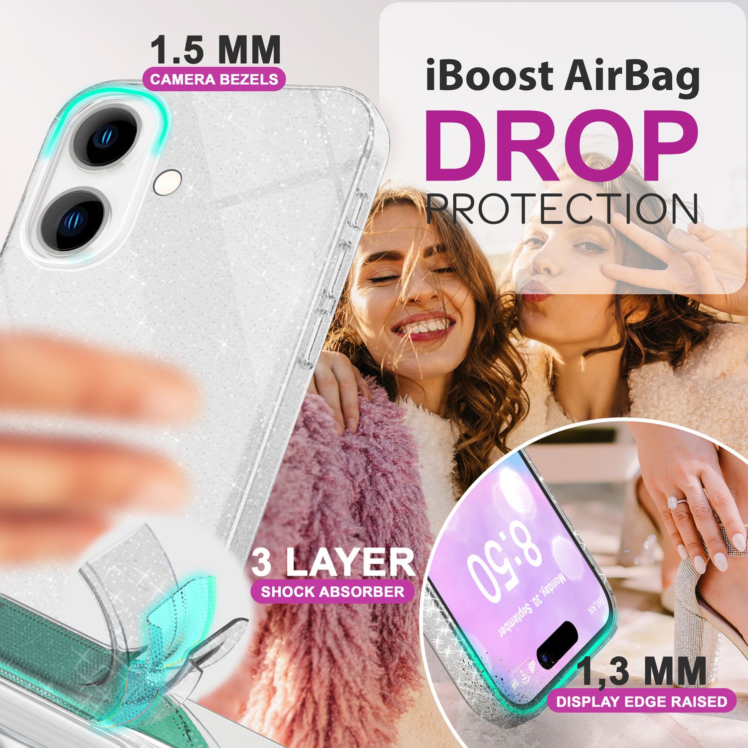 NALIA Glitzer Hybrid Hülle für iPhone 16, Verstärkte Silikon Handyhülle, Glänzende Glitzerhülle Schutz Cover Silber NALIA Protective Hülle