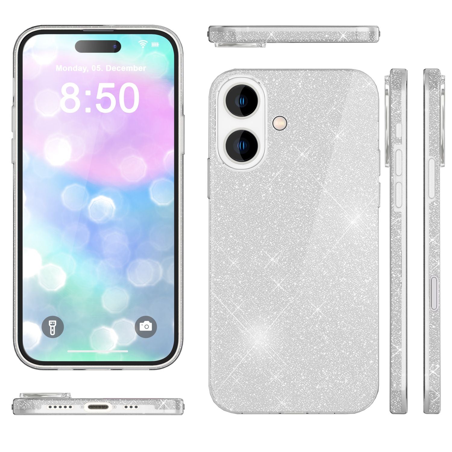 NALIA Glitzer Hybrid Hülle für iPhone 16, Verstärkte Silikon Handyhülle, Glänzende Glitzerhülle Schutz Cover Silber NALIA Protective Hülle