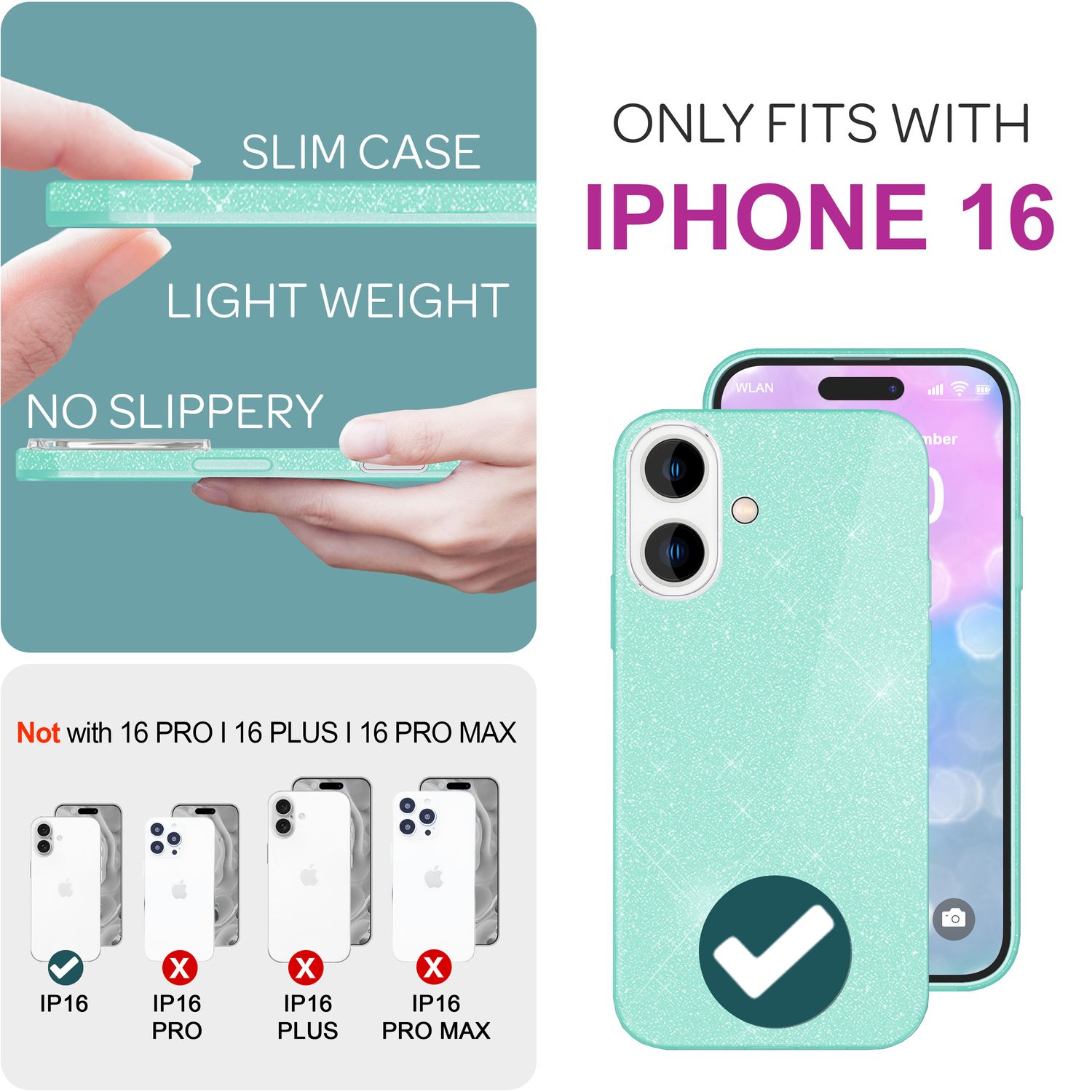 NALIA Glitzer Hybrid Hülle für iPhone 16, Verstärkte Silikon Handyhülle, Glänzende Glitzerhülle Schutz Cover Mint-Grün NALIA Protective Hülle