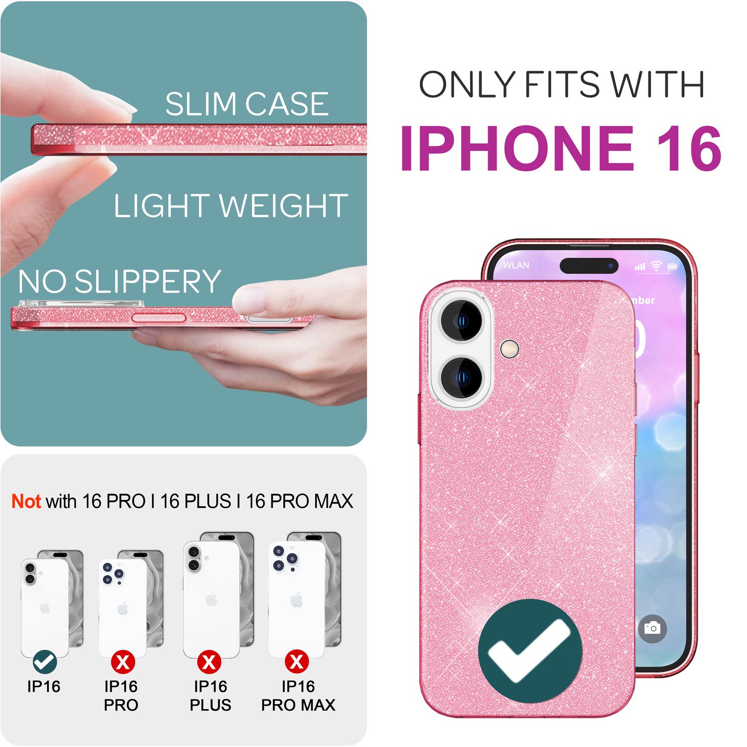 NALIA Glitzer Hybrid Hülle für iPhone 16, Verstärkte Silikon Handyhülle, Glänzende Glitzerhülle Schutz Cover Pink NALIA Protective Hülle