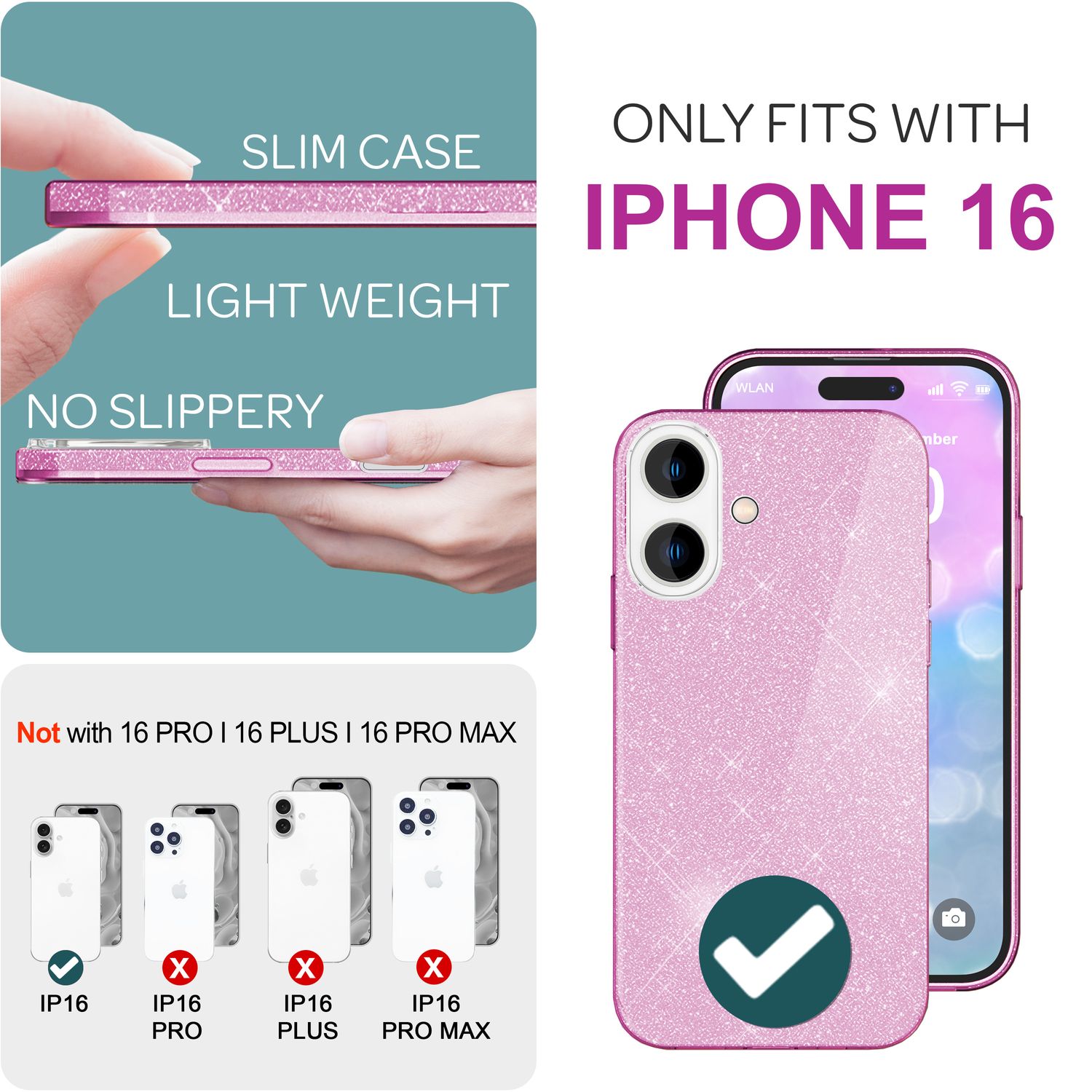 NALIA Glitzer Hybrid Hülle für iPhone 16, Verstärkte Silikon Handyhülle, Glänzende Glitzerhülle Schutz Cover Lila NALIA Protective Hülle