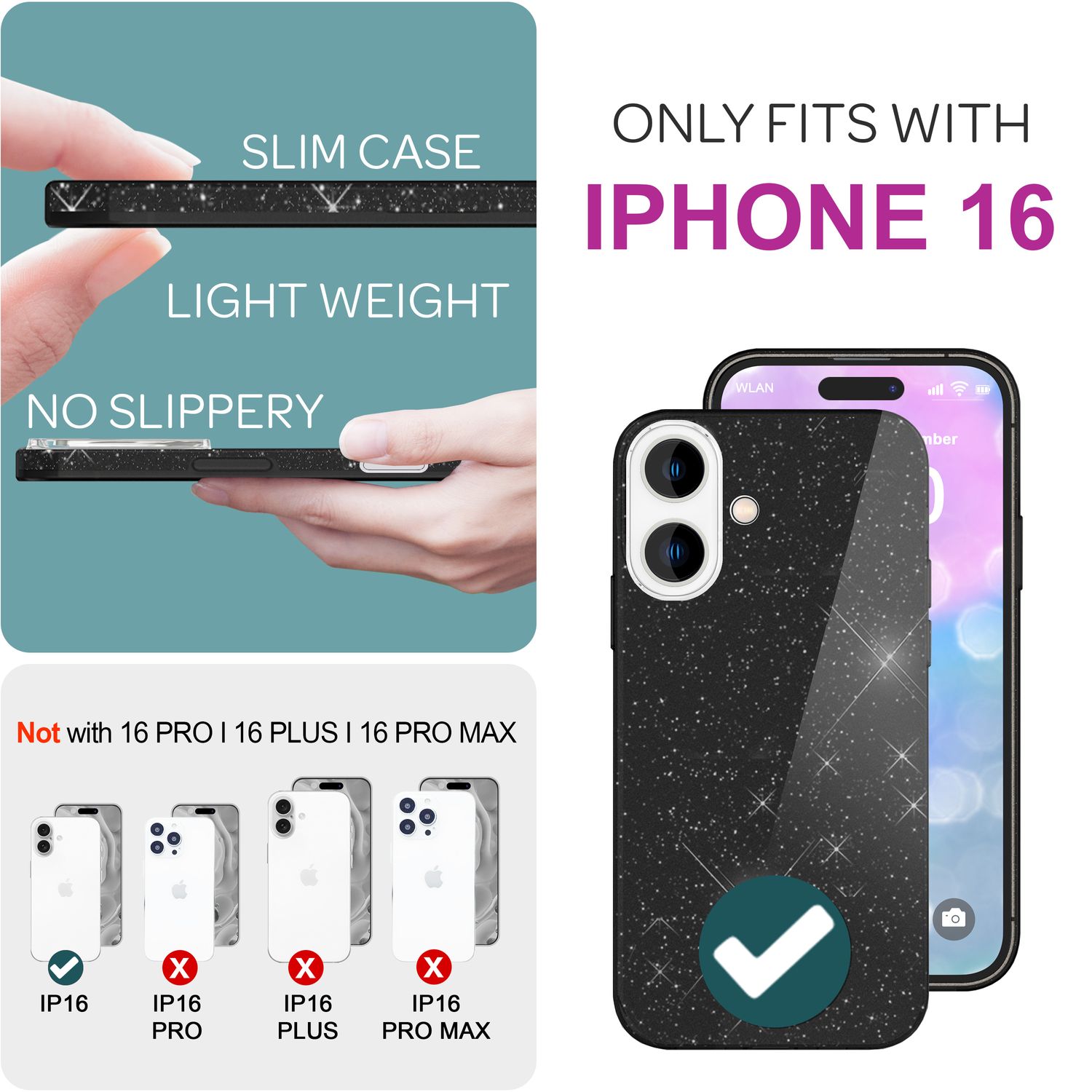 NALIA Glitzer Hybrid Hülle für iPhone 16, Verstärkte Silikon Handyhülle, Glänzende Glitzerhülle Schutz Cover Schwarz NALIA Protective Hülle