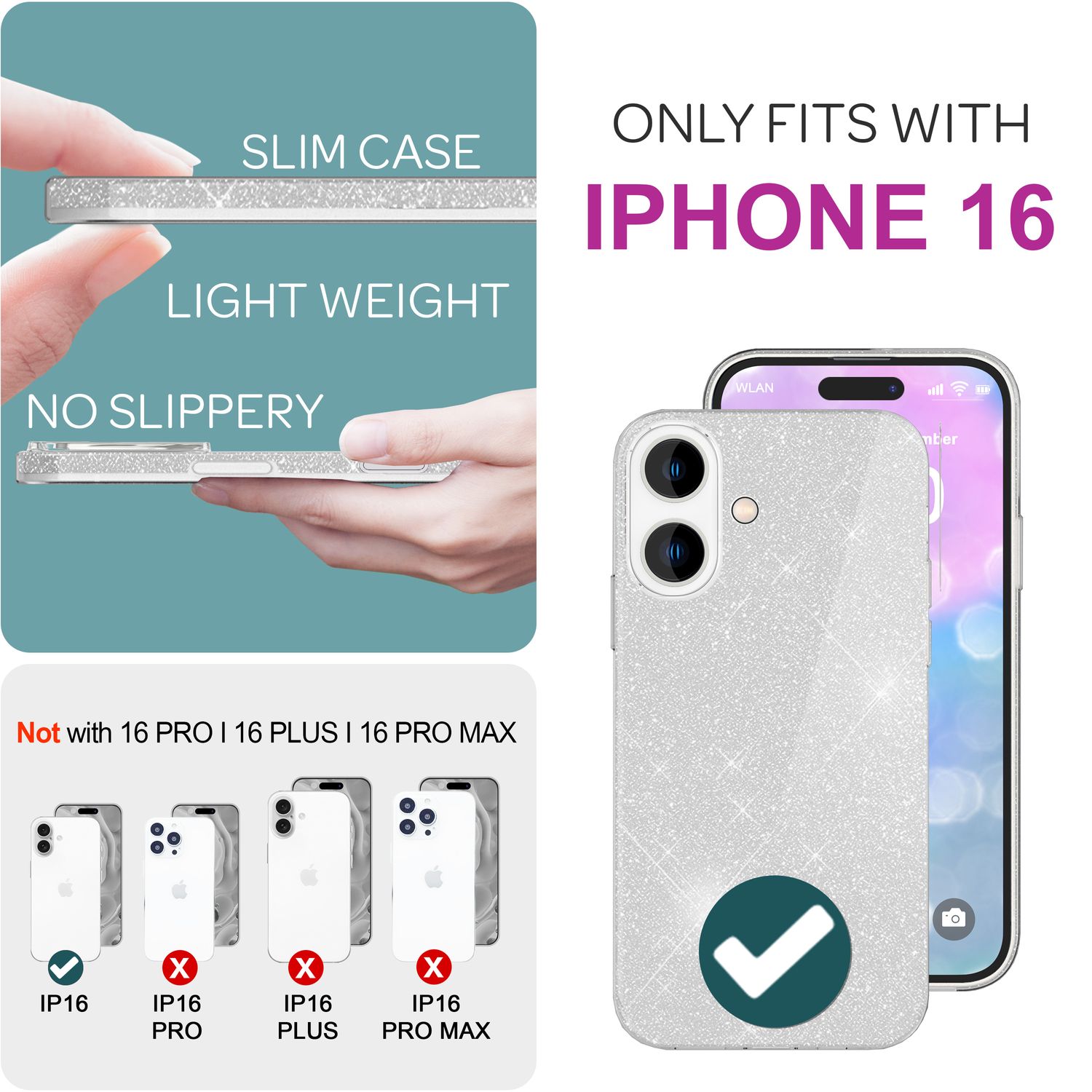 NALIA Glitzer Hybrid Hülle für iPhone 16, Verstärkte Silikon Handyhülle, Glänzende Glitzerhülle Schutz Cover Silber NALIA Protective Hülle