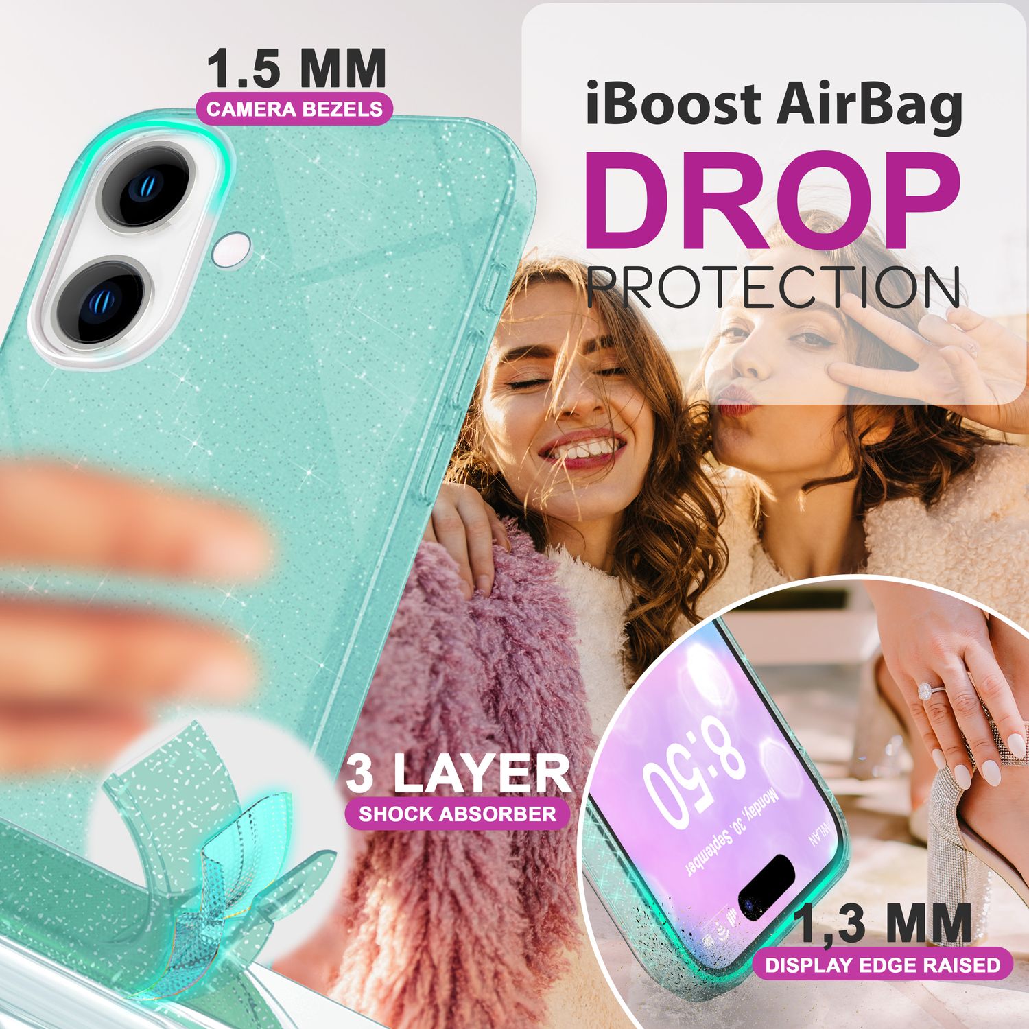 NALIA Glitzer Hybrid Hülle für iPhone 16 Plus, Verstärkte Silikon Handyhülle, Glänzende Schutz Glitzerhülle Mint-Grün NALIA Protective Hülle