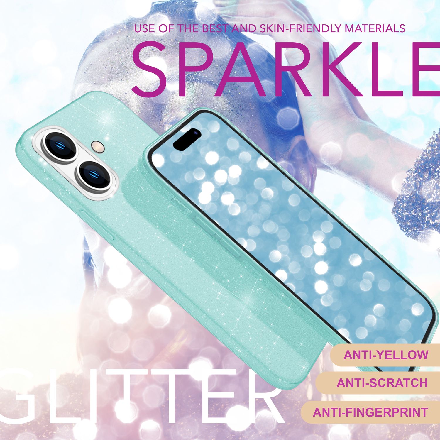NALIA Glitzer Hybrid Hülle für iPhone 16 Plus, Verstärkte Silikon Handyhülle, Glänzende Schutz Glitzerhülle Mint-Grün NALIA Protective Hülle