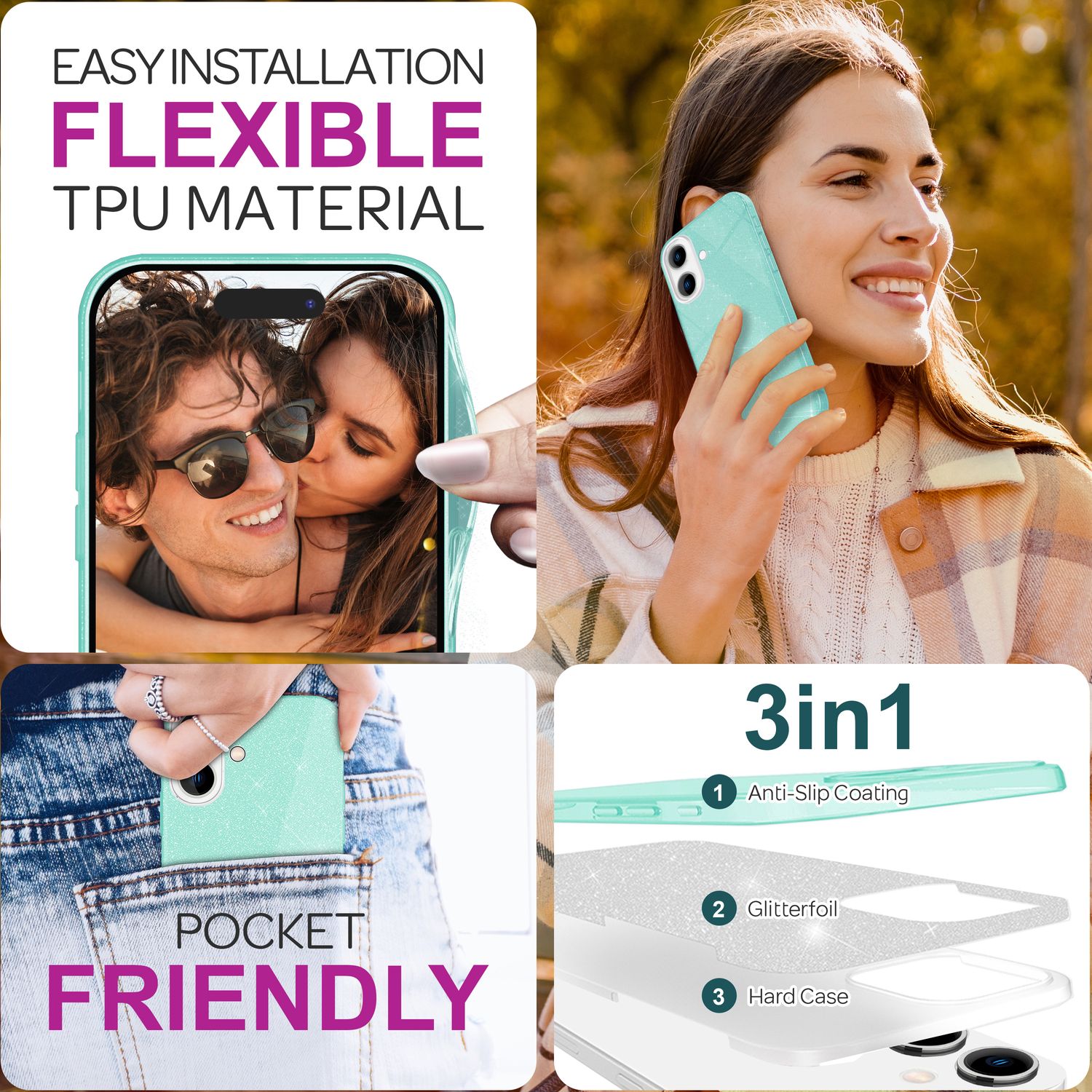 NALIA Glitzer Hybrid Hülle für iPhone 16 Plus, Verstärkte Silikon Handyhülle, Glänzende Schutz Glitzerhülle Mint-Grün NALIA Protective Hülle