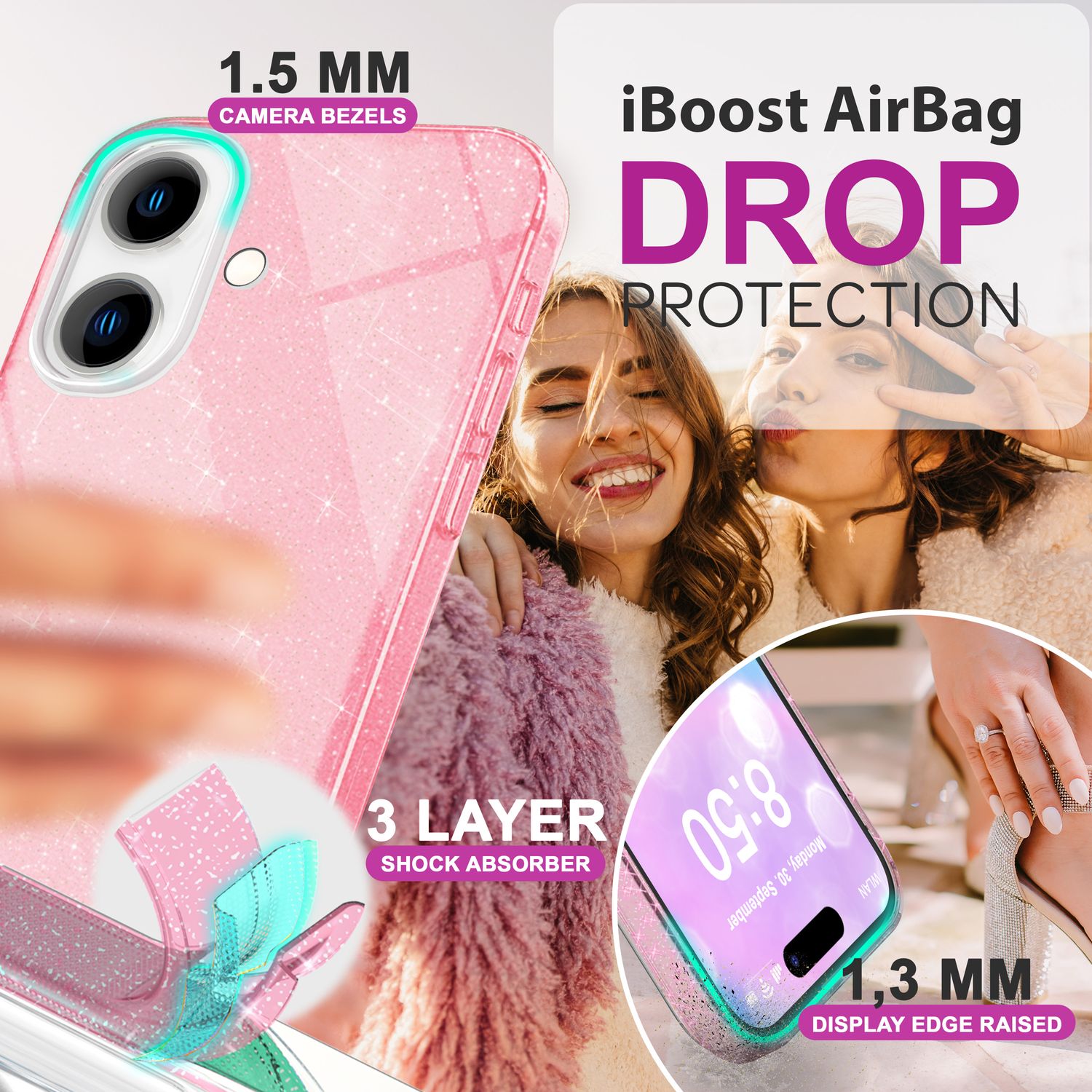 NALIA Glitzer Hybrid Hülle für iPhone 16 Plus, Verstärkte Silikon Handyhülle, Glänzende Schutz Glitzerhülle Pink NALIA Protective Hülle