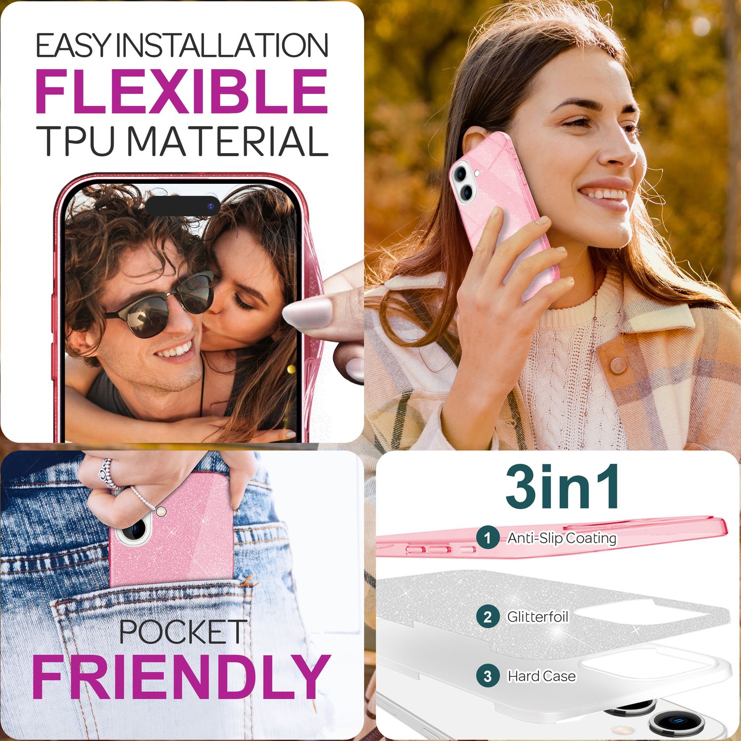 NALIA Glitzer Hybrid Hülle für iPhone 16 Plus, Verstärkte Silikon Handyhülle, Glänzende Schutz Glitzerhülle Pink NALIA Protective Hülle