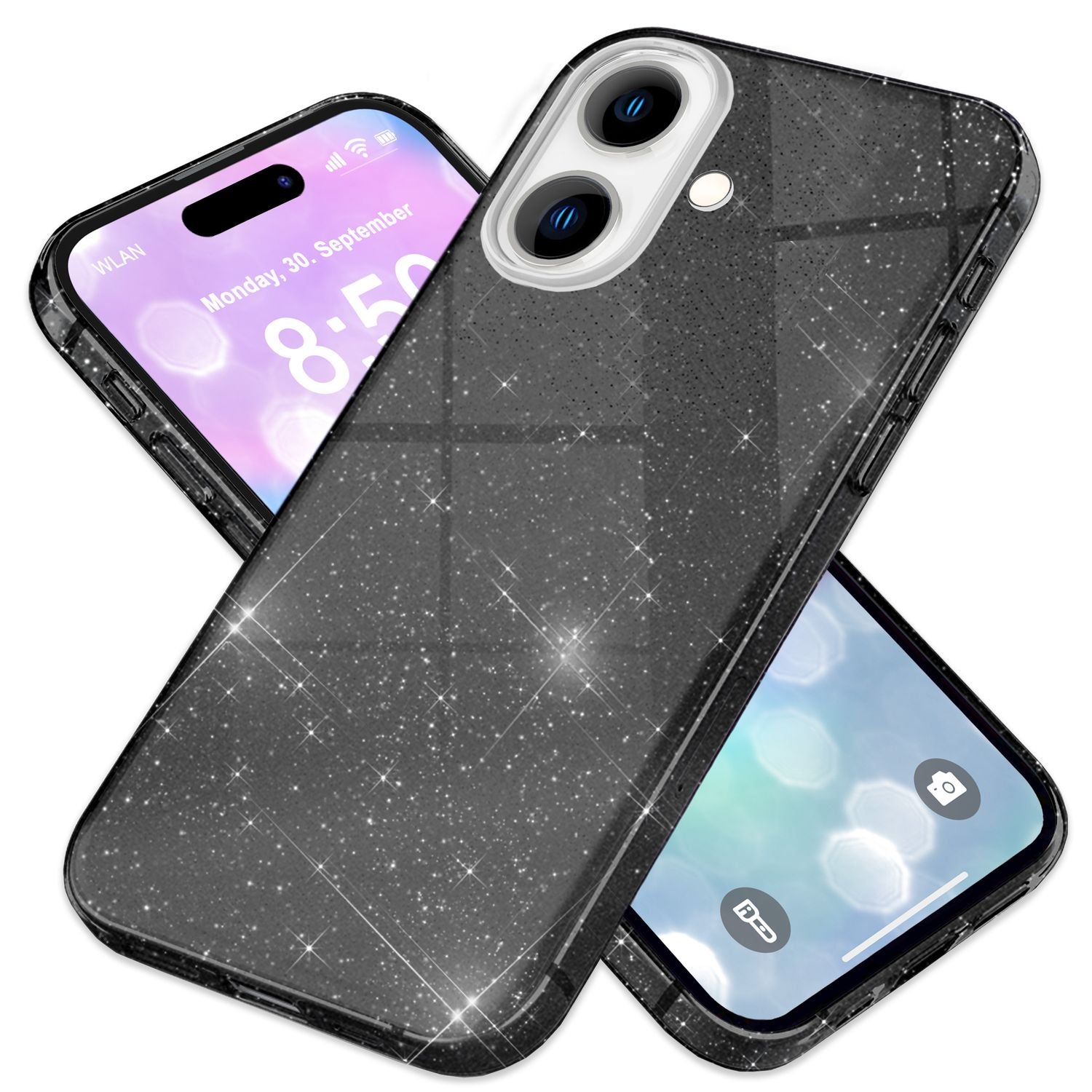 NALIA Glitzer Hybrid Hülle für iPhone 16 Plus, Verstärkte Silikon Handyhülle, Glänzende Schutz Glitzerhülle Schwarz NALIA Protective Hülle