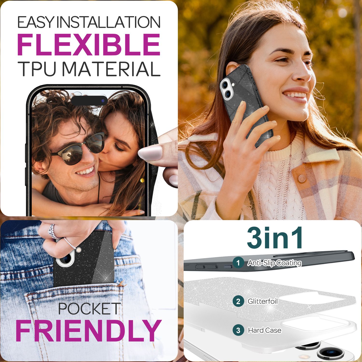 NALIA Glitzer Hybrid Hülle für iPhone 16 Plus, Verstärkte Silikon Handyhülle, Glänzende Schutz Glitzerhülle Schwarz NALIA Protective Hülle