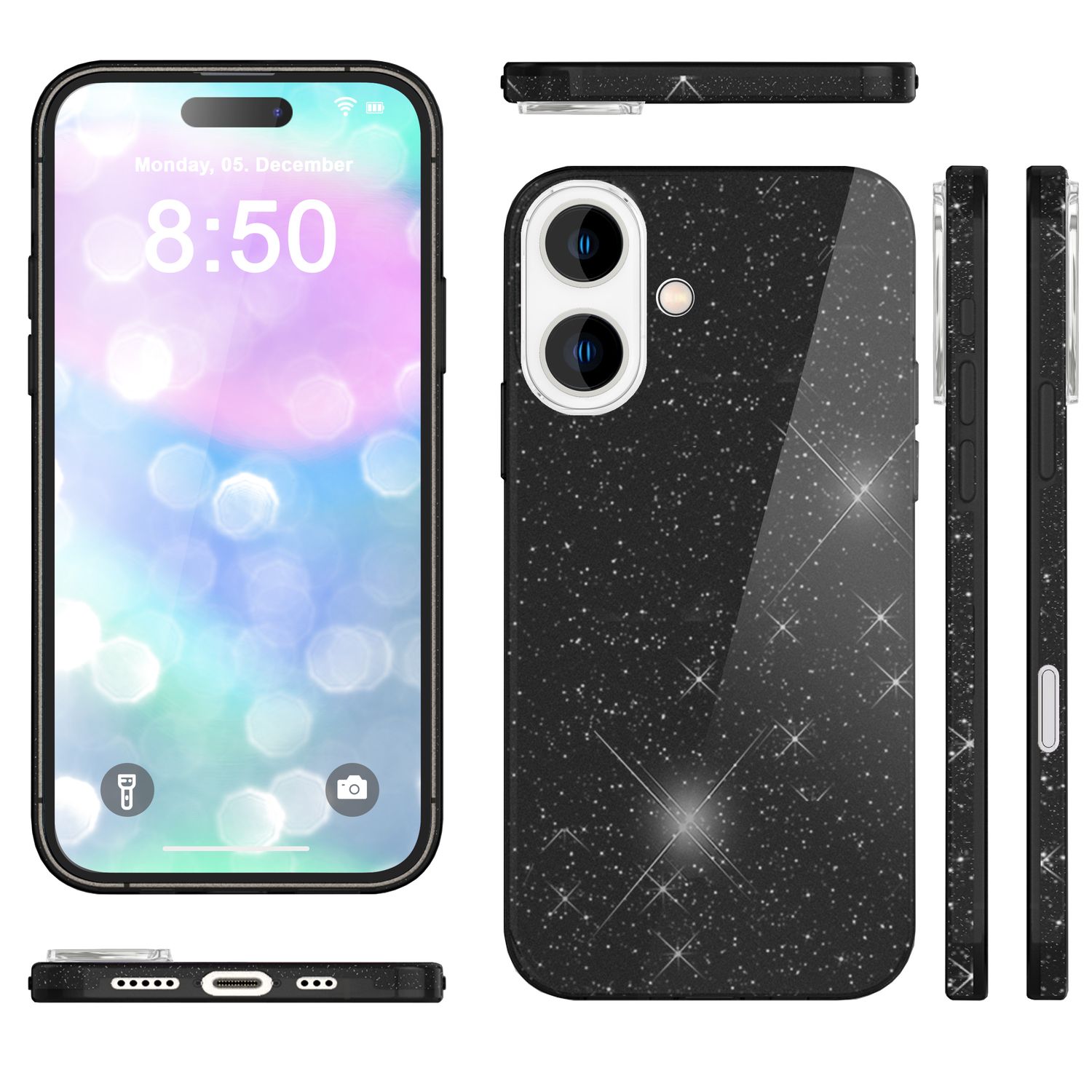 NALIA Glitzer Hybrid Hülle für iPhone 16 Plus, Verstärkte Silikon Handyhülle, Glänzende Schutz Glitzerhülle Schwarz NALIA Protective Hülle