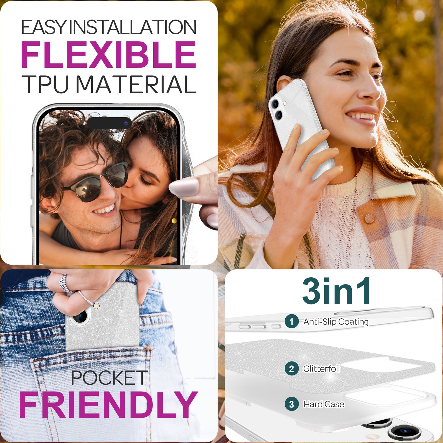 NALIA Glitzer Hybrid Hülle für iPhone 16 Plus, Verstärkte Silikon Handyhülle, Glänzende Schutz Glitzerhülle Silber NALIA Protective Hülle