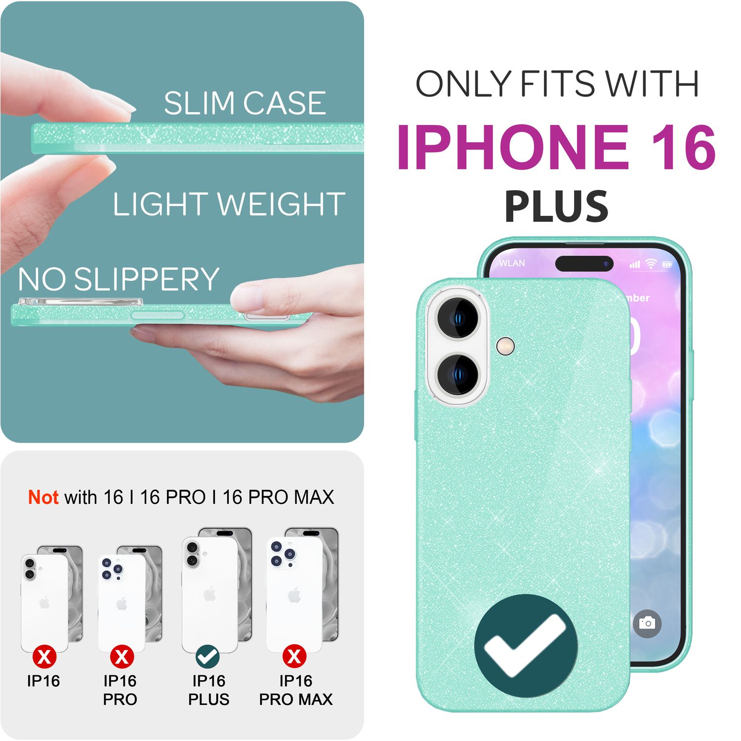 NALIA Glitzer Hybrid Hülle für iPhone 16 Plus, Verstärkte Silikon Handyhülle, Glänzende Schutz Glitzerhülle Mint-Grün NALIA Protective Hülle