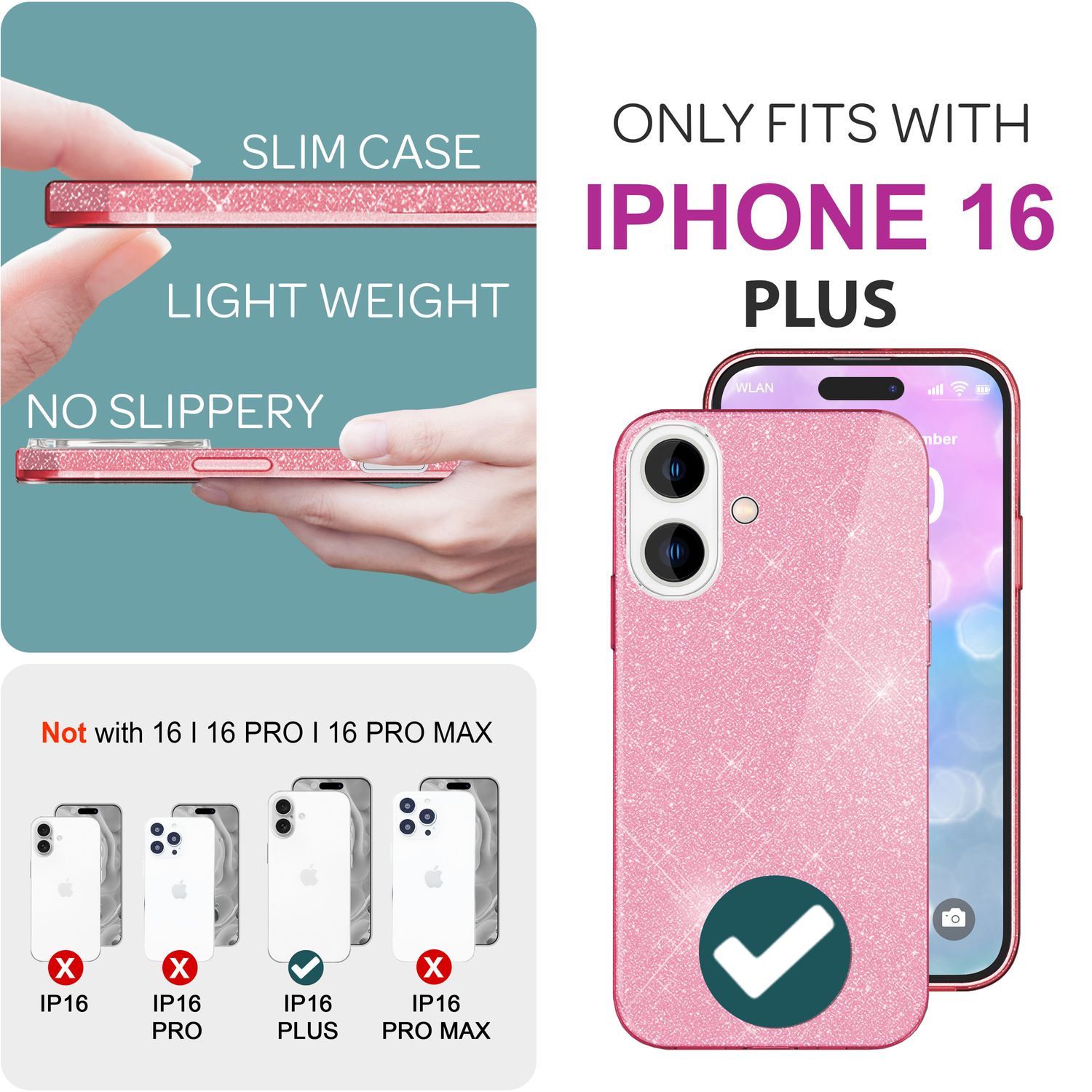 NALIA Glitzer Hybrid Hülle für iPhone 16 Plus, Verstärkte Silikon Handyhülle, Glänzende Schutz Glitzerhülle Pink NALIA Protective Hülle