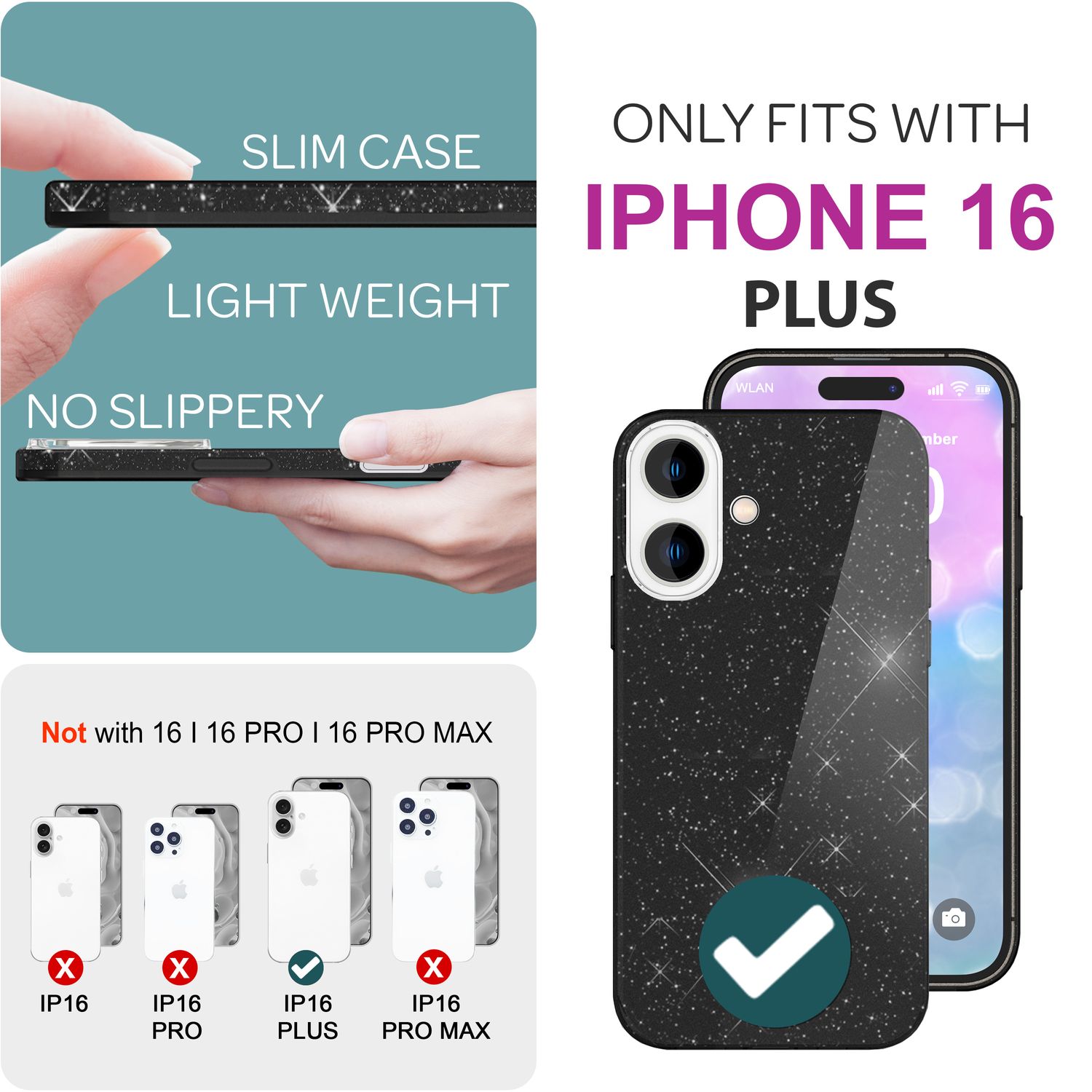 NALIA Glitzer Hybrid Hülle für iPhone 16 Plus, Verstärkte Silikon Handyhülle, Glänzende Schutz Glitzerhülle Schwarz NALIA Protective Hülle