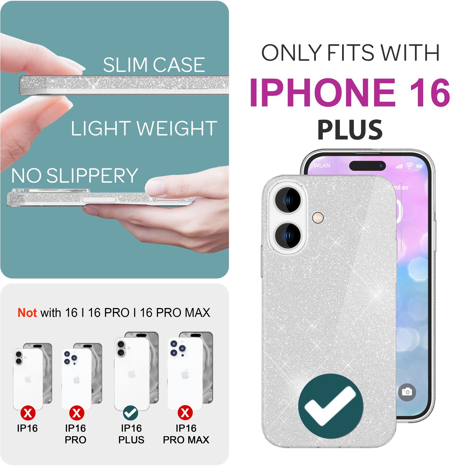 NALIA Glitzer Hybrid Hülle für iPhone 16 Plus, Verstärkte Silikon Handyhülle, Glänzende Schutz Glitzerhülle Silber NALIA Protective Hülle