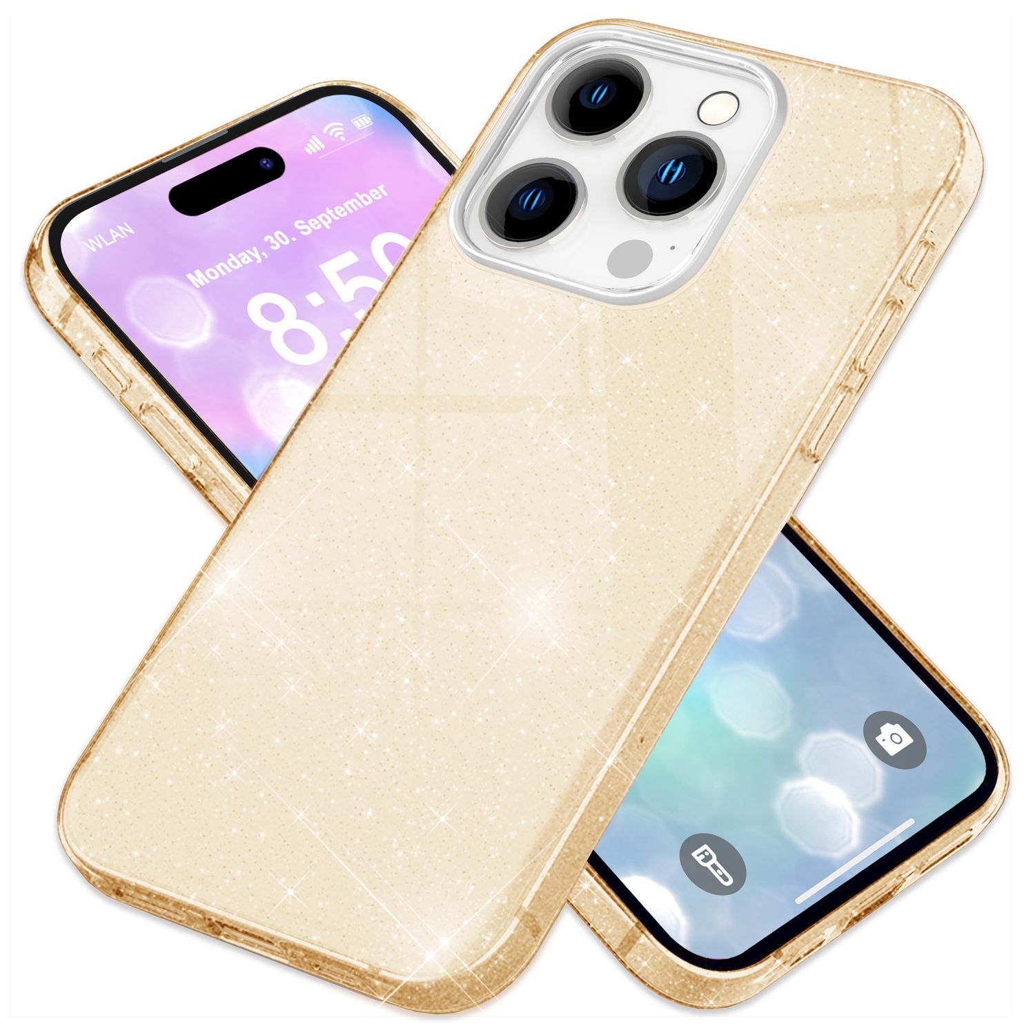 NALIA Glitzer Hybrid Hülle für iPhone 16 Pro, Verstärkte Silikon Handyhülle, Glänzende Glitzerhülle Schutz Cover Gold NALIA Protective Hülle