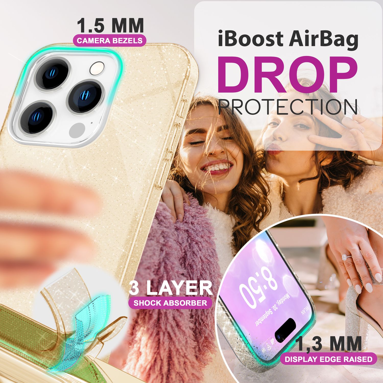 NALIA Glitzer Hybrid Hülle für iPhone 16 Pro, Verstärkte Silikon Handyhülle, Glänzende Glitzerhülle Schutz Cover Gold NALIA Protective Hülle