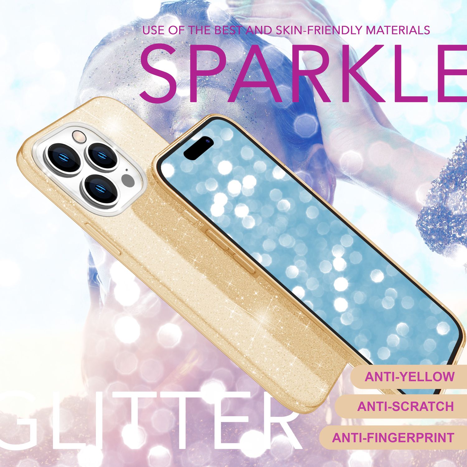 NALIA Glitzer Hybrid Hülle für iPhone 16 Pro, Verstärkte Silikon Handyhülle, Glänzende Glitzerhülle Schutz Cover Gold NALIA Protective Hülle