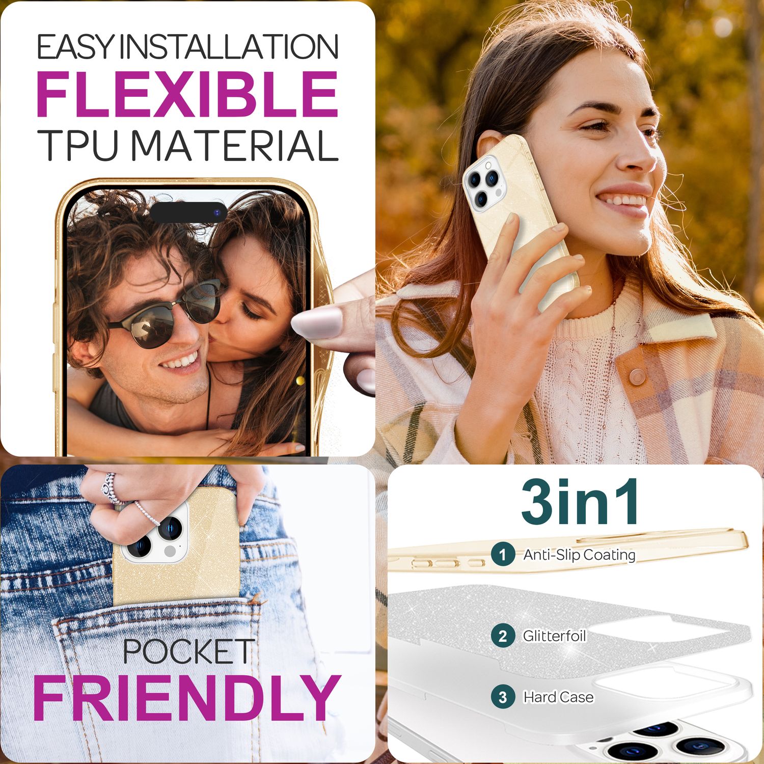 NALIA Glitzer Hybrid Hülle für iPhone 16 Pro, Verstärkte Silikon Handyhülle, Glänzende Glitzerhülle Schutz Cover Gold NALIA Protective Hülle