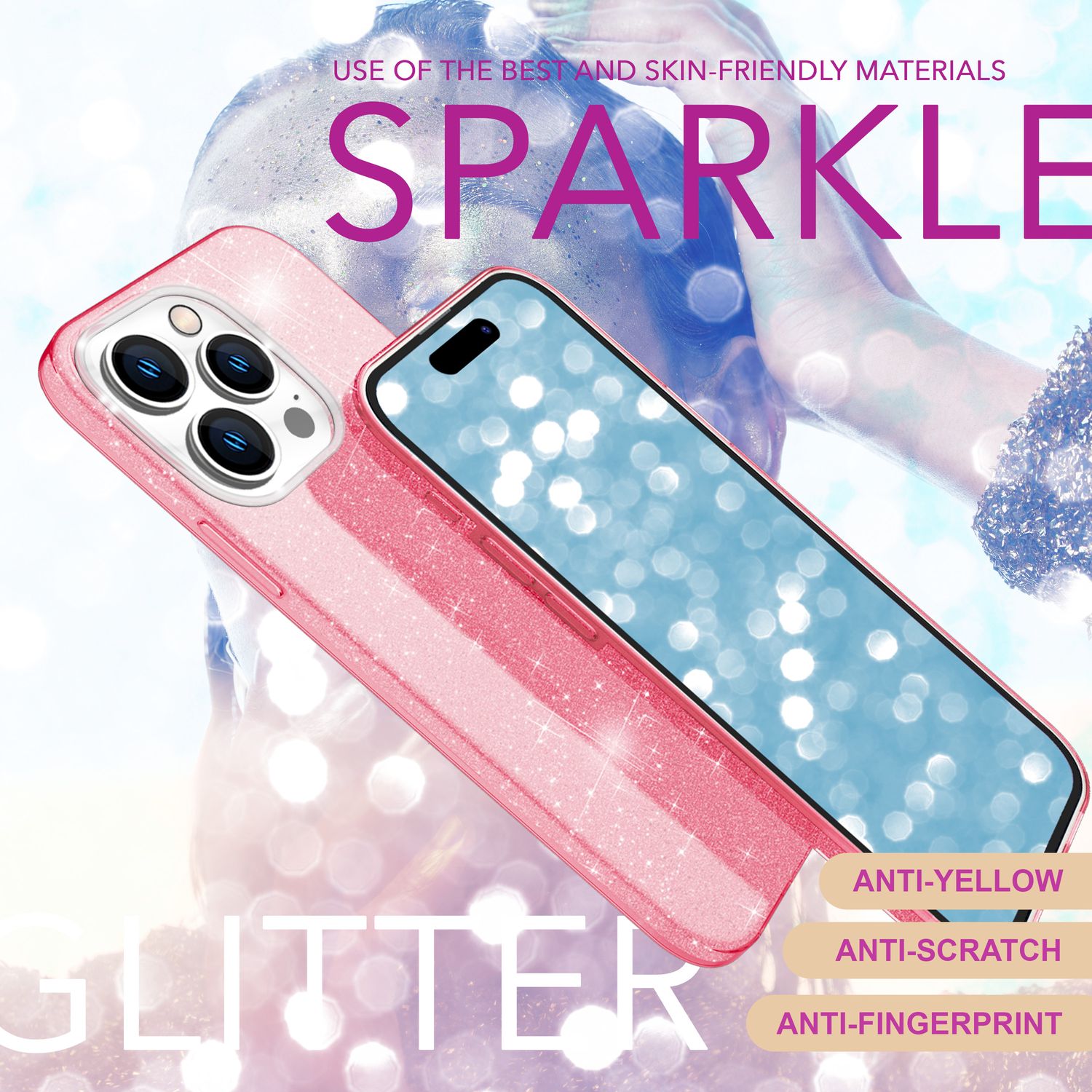 NALIA Glitzer Hybrid Hülle für iPhone 16 Pro, Verstärkte Silikon Handyhülle, Glänzende Glitzerhülle Schutz Cover Pink NALIA Protective Hülle