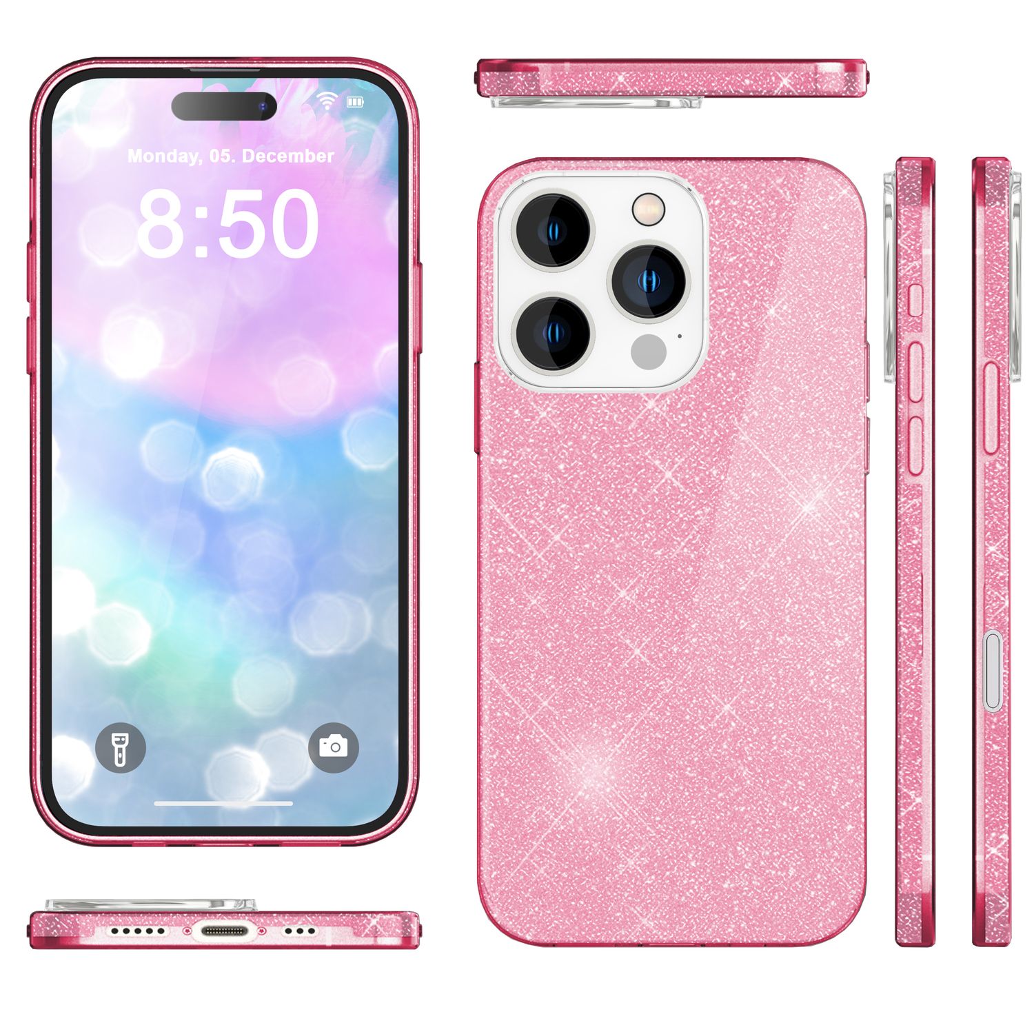 NALIA Glitzer Hybrid Hülle für iPhone 16 Pro, Verstärkte Silikon Handyhülle, Glänzende Glitzerhülle Schutz Cover Pink NALIA Protective Hülle