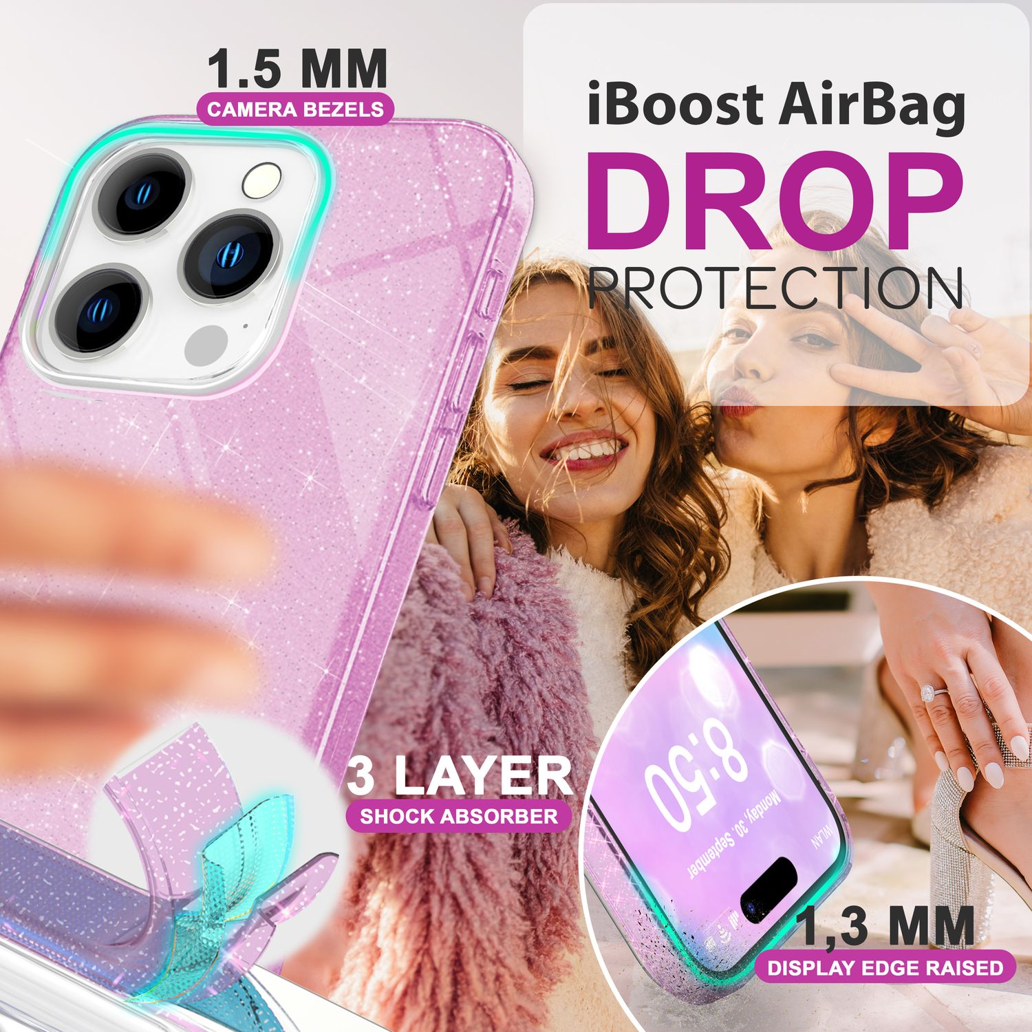 NALIA Glitzer Hybrid Hülle für iPhone 16 Pro, Verstärkte Silikon Handyhülle, Glänzende Glitzerhülle Schutz Cover Lila NALIA Protective Hülle