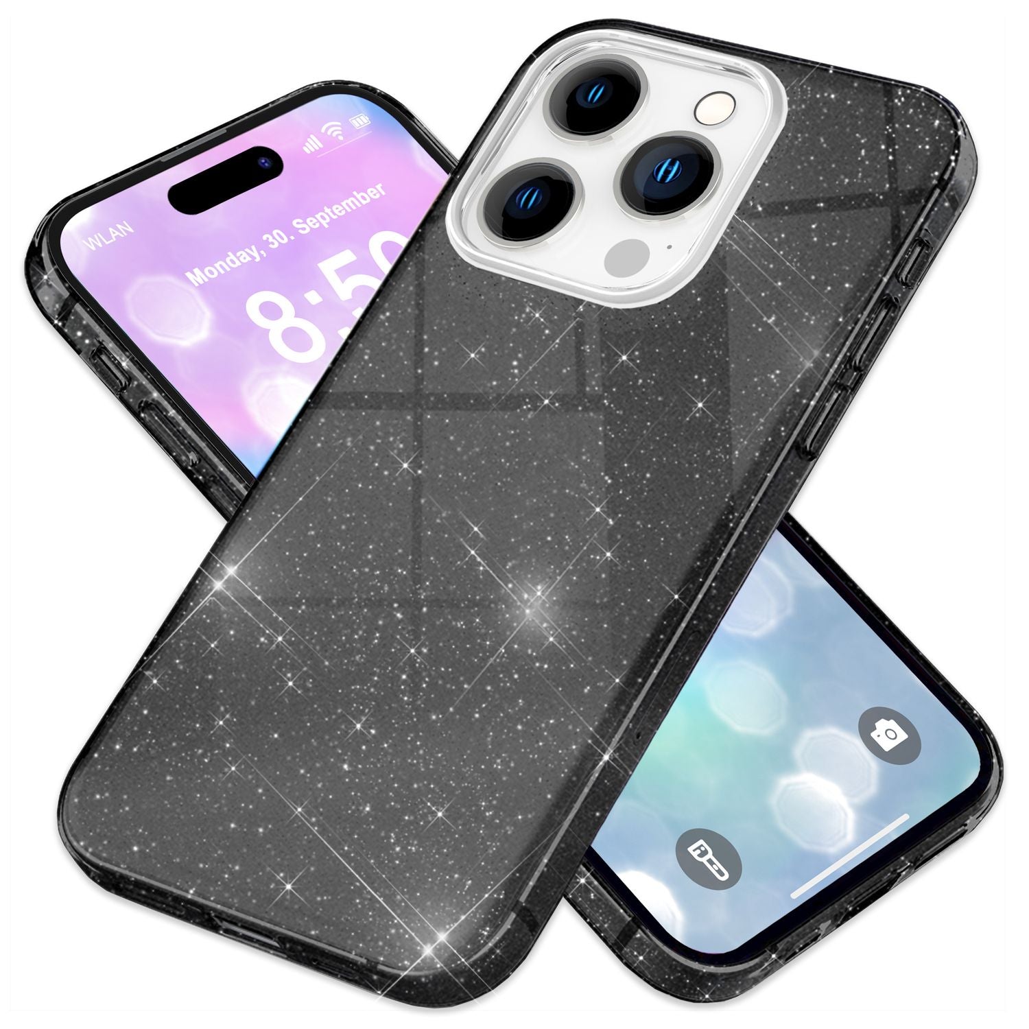 NALIA Glitzer Hybrid Hülle für iPhone 16 Pro, Verstärkte Silikon Handyhülle, Glänzende Glitzerhülle Schutz Cover Schwarz NALIA Protective Hülle