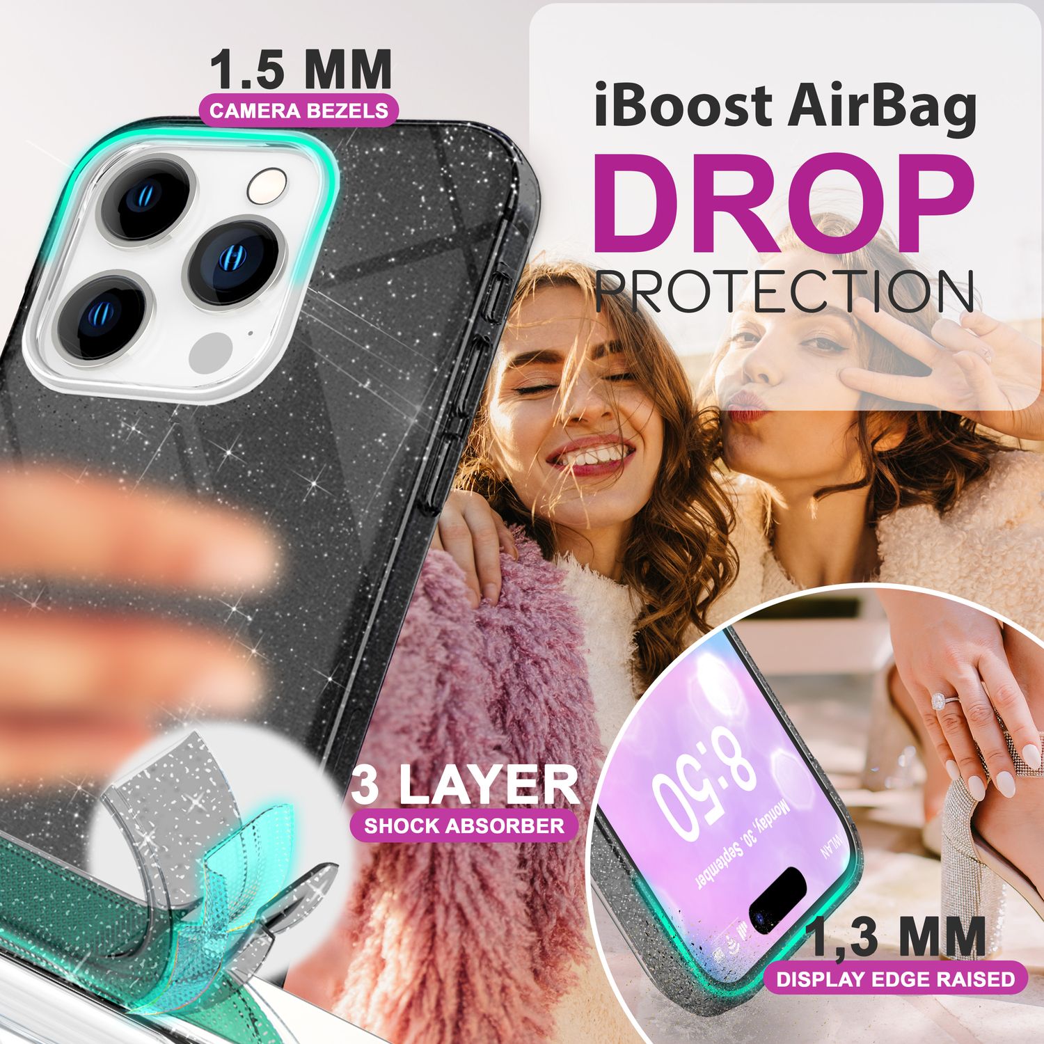 NALIA Glitzer Hybrid Hülle für iPhone 16 Pro, Verstärkte Silikon Handyhülle, Glänzende Glitzerhülle Schutz Cover Schwarz NALIA Protective Hülle