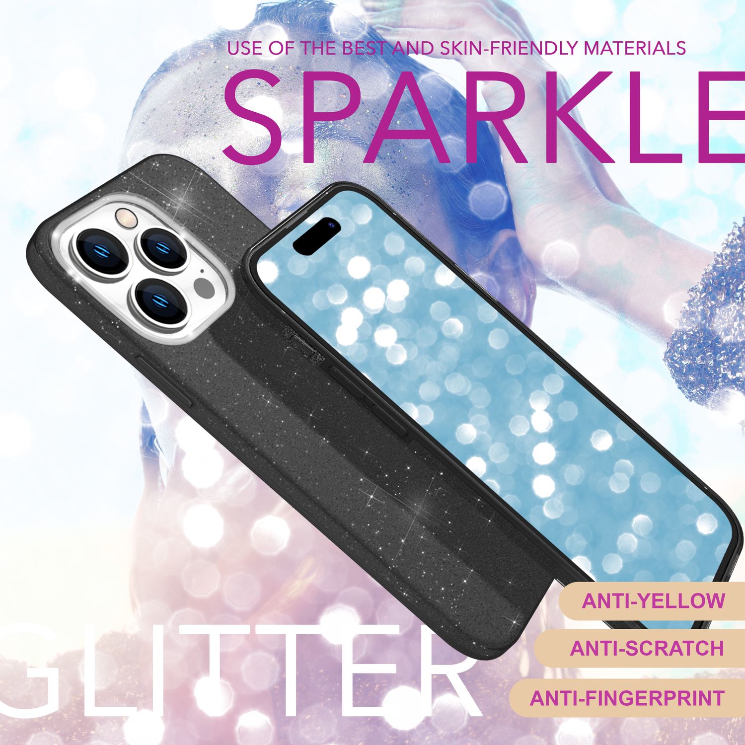 NALIA Glitzer Hybrid Hülle für iPhone 16 Pro, Verstärkte Silikon Handyhülle, Glänzende Glitzerhülle Schutz Cover Schwarz NALIA Protective Hülle