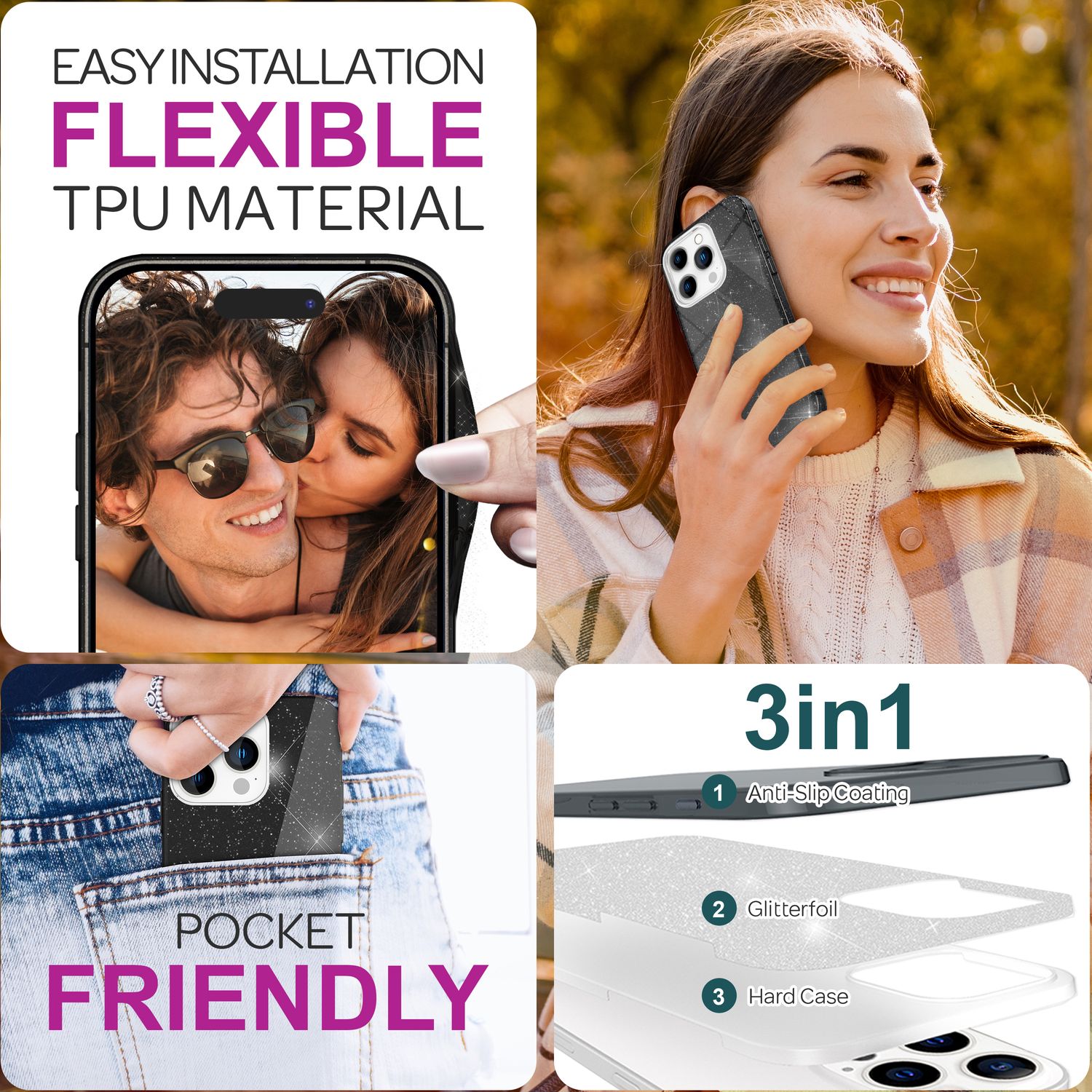 NALIA Glitzer Hybrid Hülle für iPhone 16 Pro, Verstärkte Silikon Handyhülle, Glänzende Glitzerhülle Schutz Cover Schwarz NALIA Protective Hülle