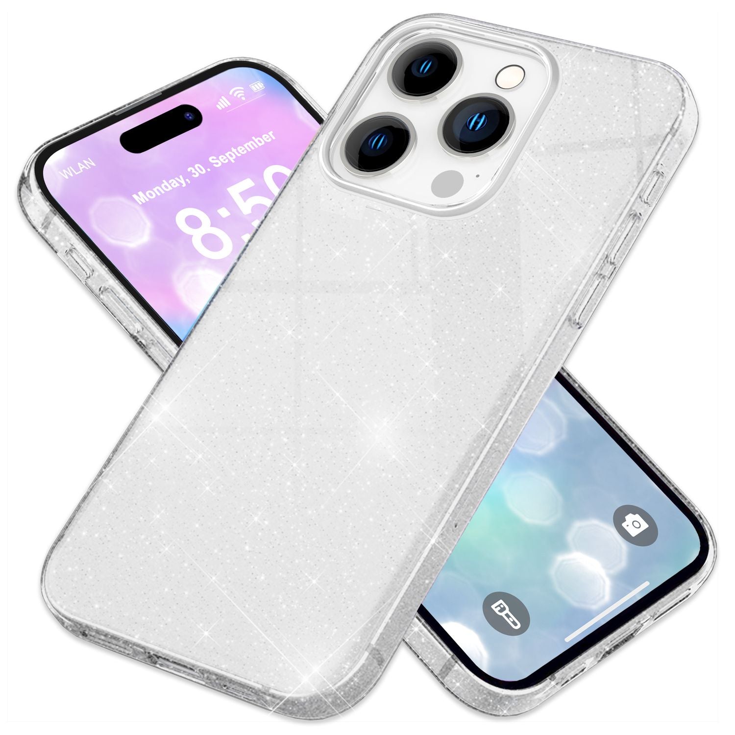 NALIA Glitzer Hybrid Hülle für iPhone 16 Pro, Verstärkte Silikon Handyhülle, Glänzende Glitzerhülle Schutz Cover Silber NALIA Protective Hülle
